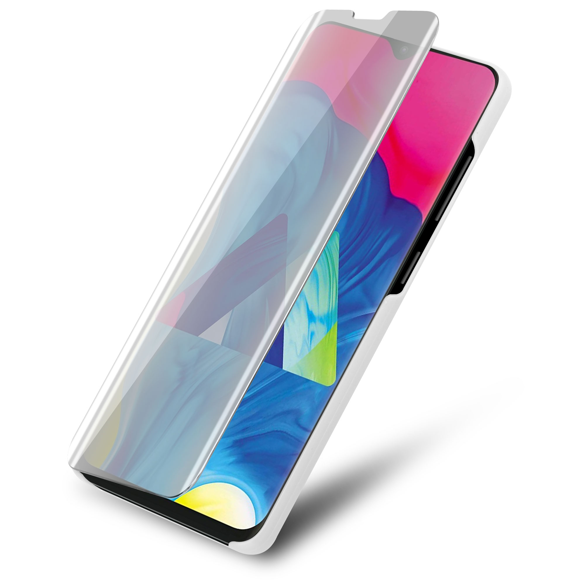 Telefon mit weißer Hülle, teilweise geöffnet, zeigt ein rosa-blaues Design auf dem Bildschirm.
