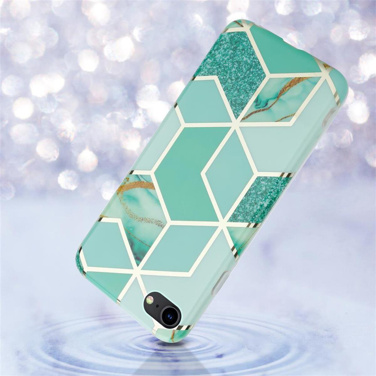 Custodia per telefono con un design geometrico. La custodia è verde acqua, con dettagli bianchi e oro.
