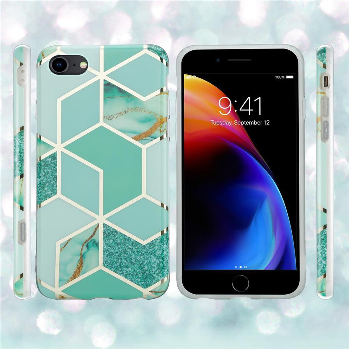 Telefono e custodie. Design geometrico verde acqua con accenti dorati. Il telefono mostra l'ora e la data.