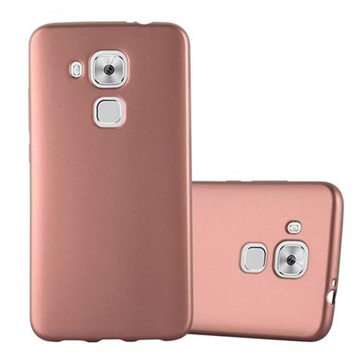 Una funda de teléfono de oro rosa, vista desde atrás y de lado. La parte trasera tiene una cámara y un botón.