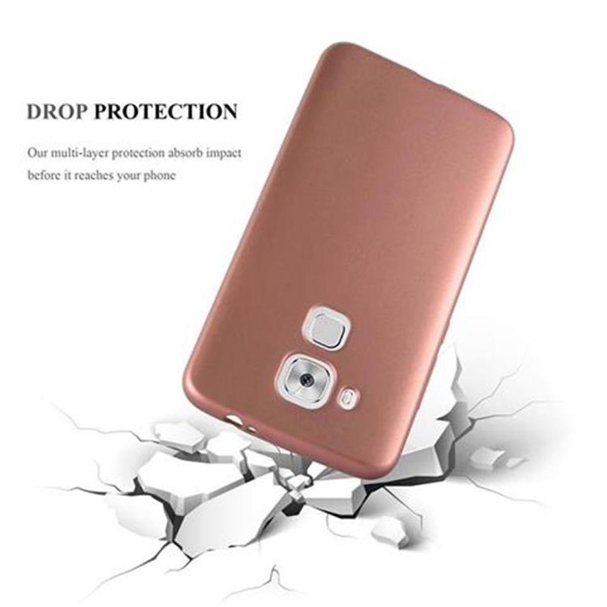 Funda rosa para teléfono con texto: DROP PROTECTION. La funda del teléfono cae sobre el suelo agrietado.