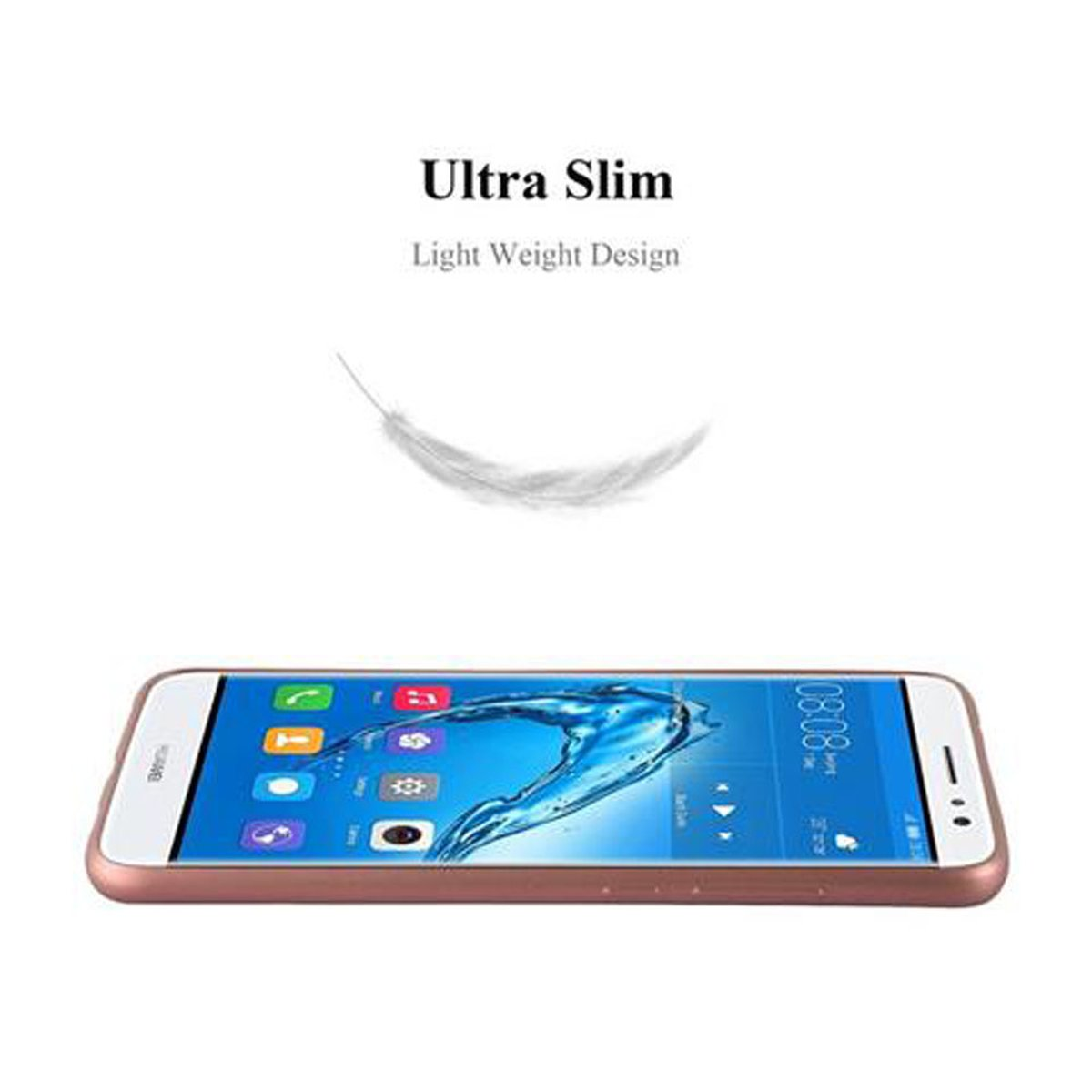 Un teléfono blanco con una pantalla que muestra una interfaz. Una pluma encima. Texto: Ultra Slim.