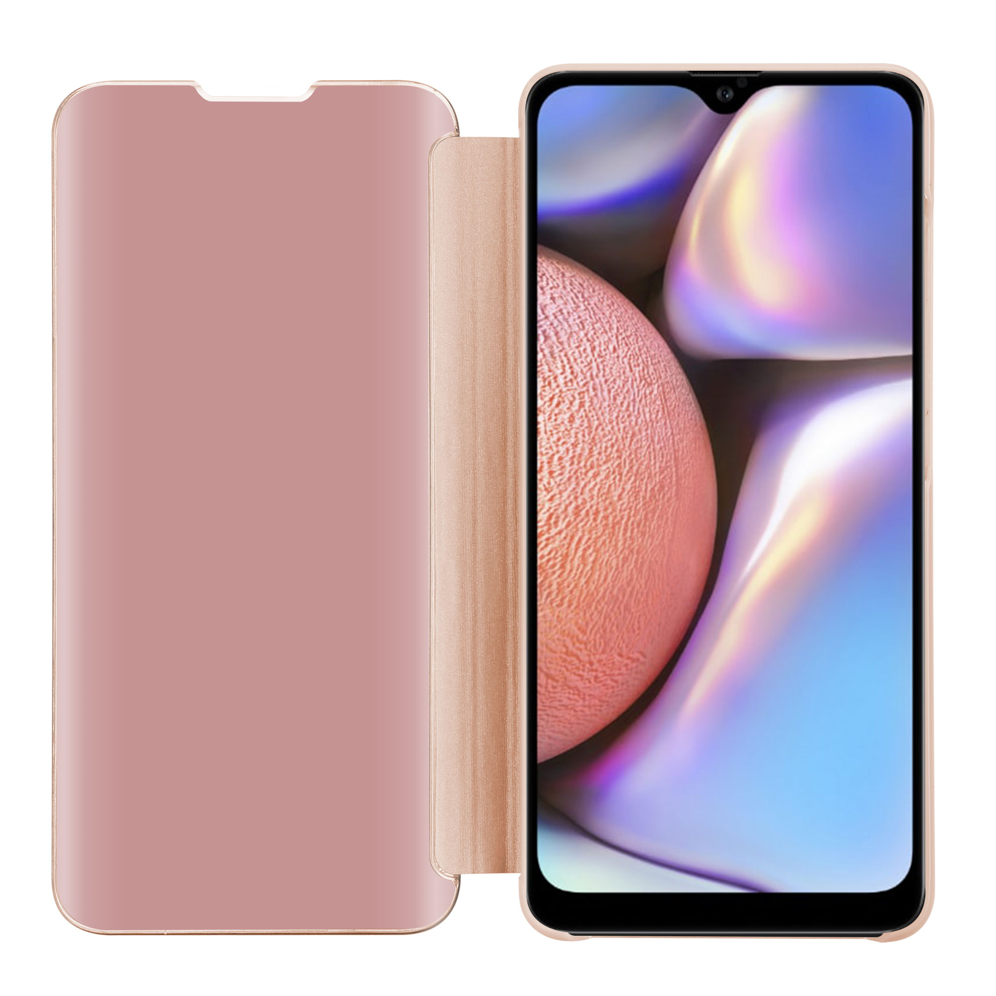 Rosa Handyhülle mit einem Telefon darin. Die Hülle ist offen und zeigt ein goldenes Innenfutter.