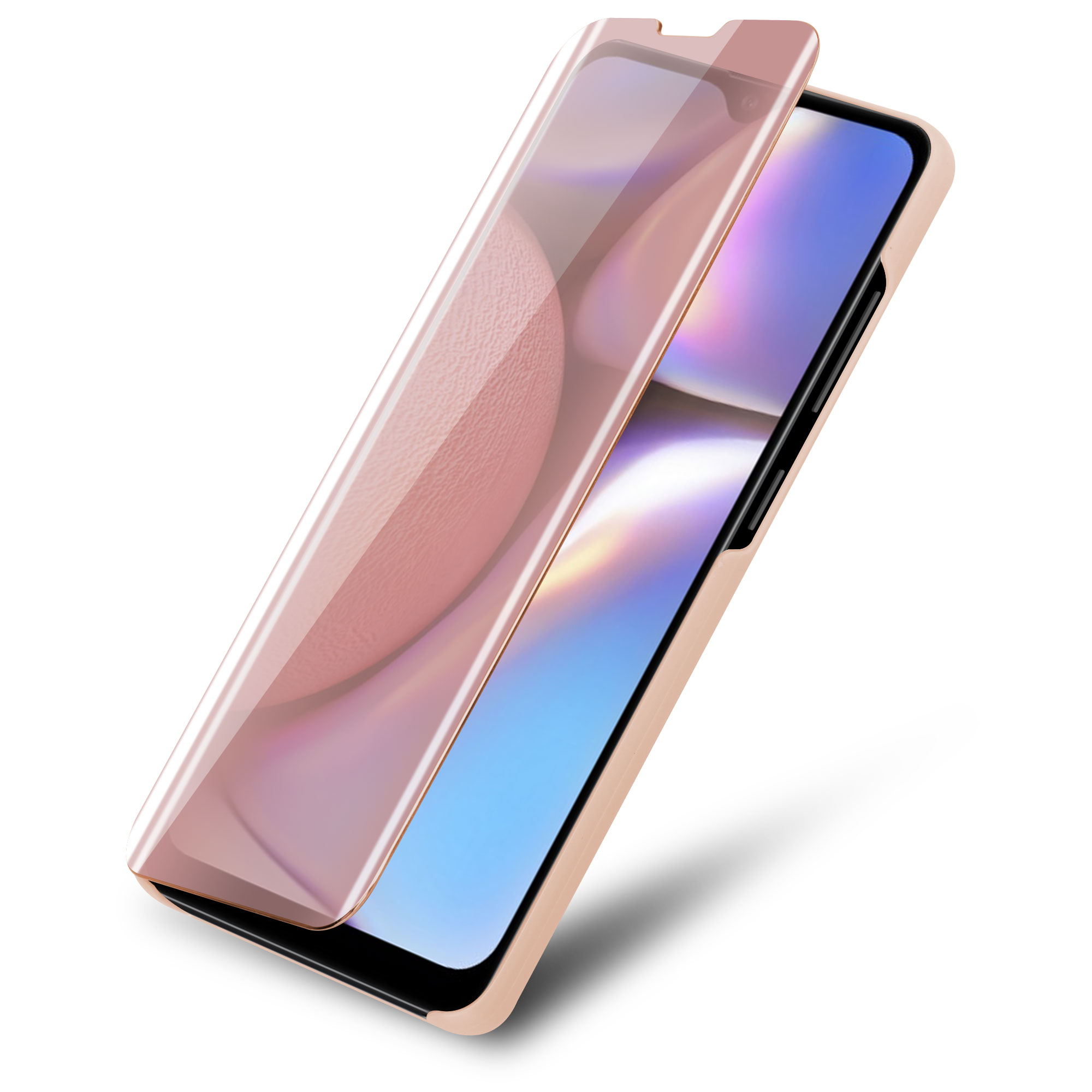 Ein Telefon in einer rosa Hülle, auf das ein Displayschutz aufgetragen wird.