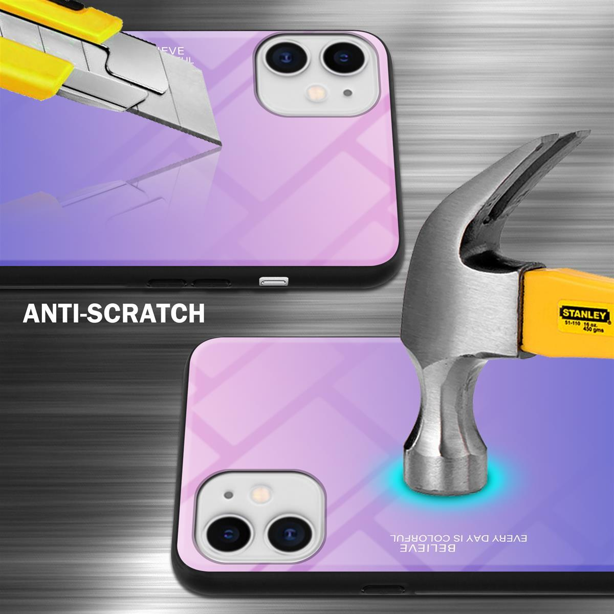 Eine Handyhülle wird mit einem Cutter und einem Hammer getestet. Die Hülle hat einen lilafarbenen Farbverlauf.