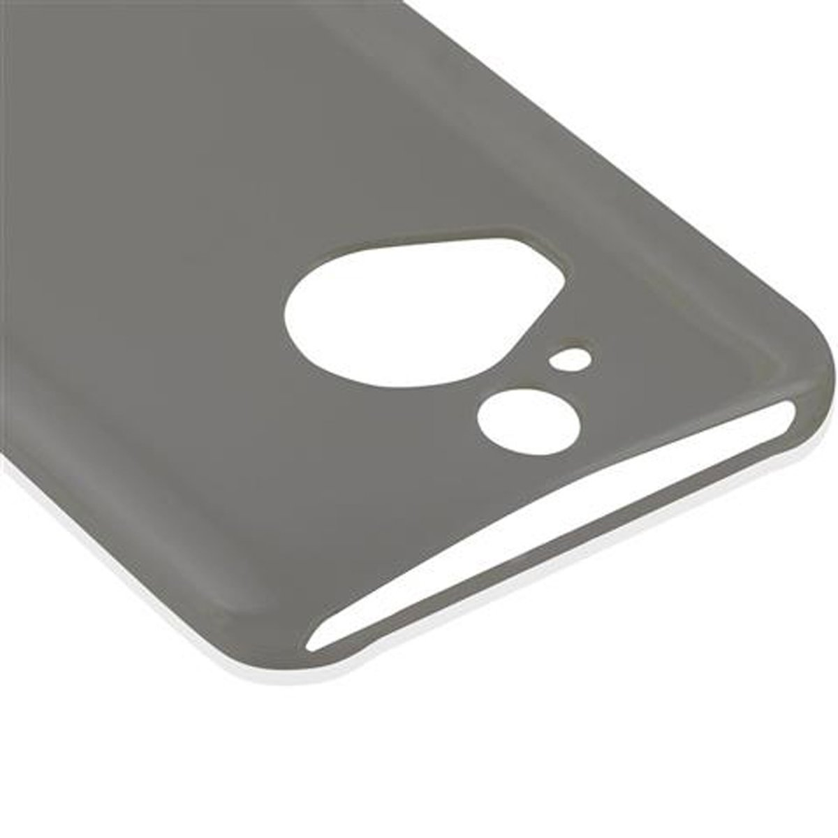 Custodia grigia per telefono con fori per fotocamera e altre funzioni.