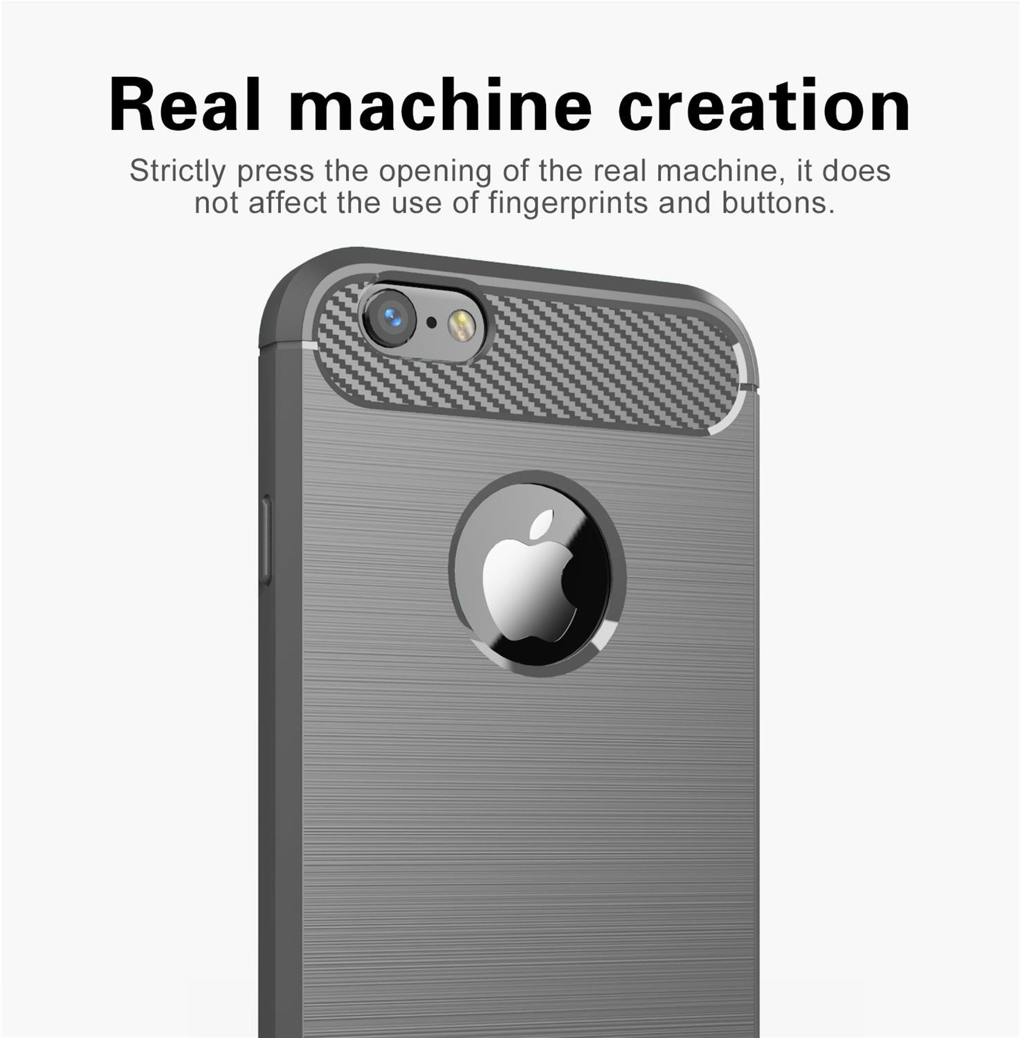 Una custodia per telefono con una superficie grigia. Primo piano della custodia con un logo Apple.