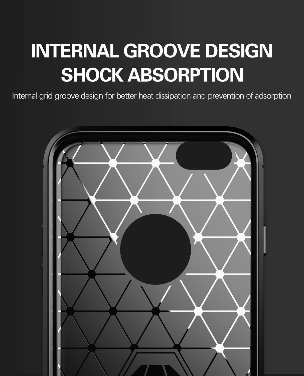 Custodia per telefono con design a griglia interna, sfondo nero. Testo: Assorbimento degli urti.