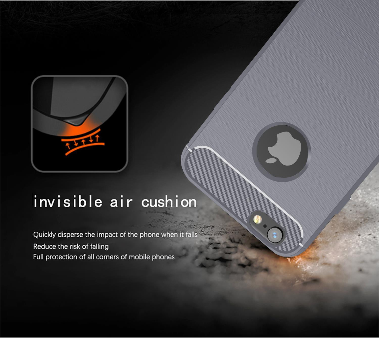 Una custodia per telefono grigia con un design. Testo: cuscino d'aria invisibile.
