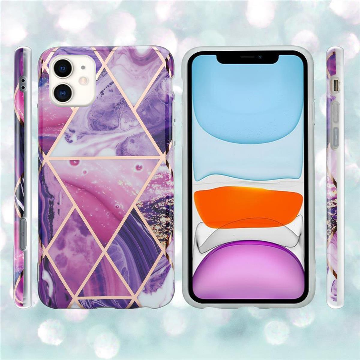 Tre custodie per telefono, quella centrale contiene un telefono. Ha motivi rosa, viola e oro.