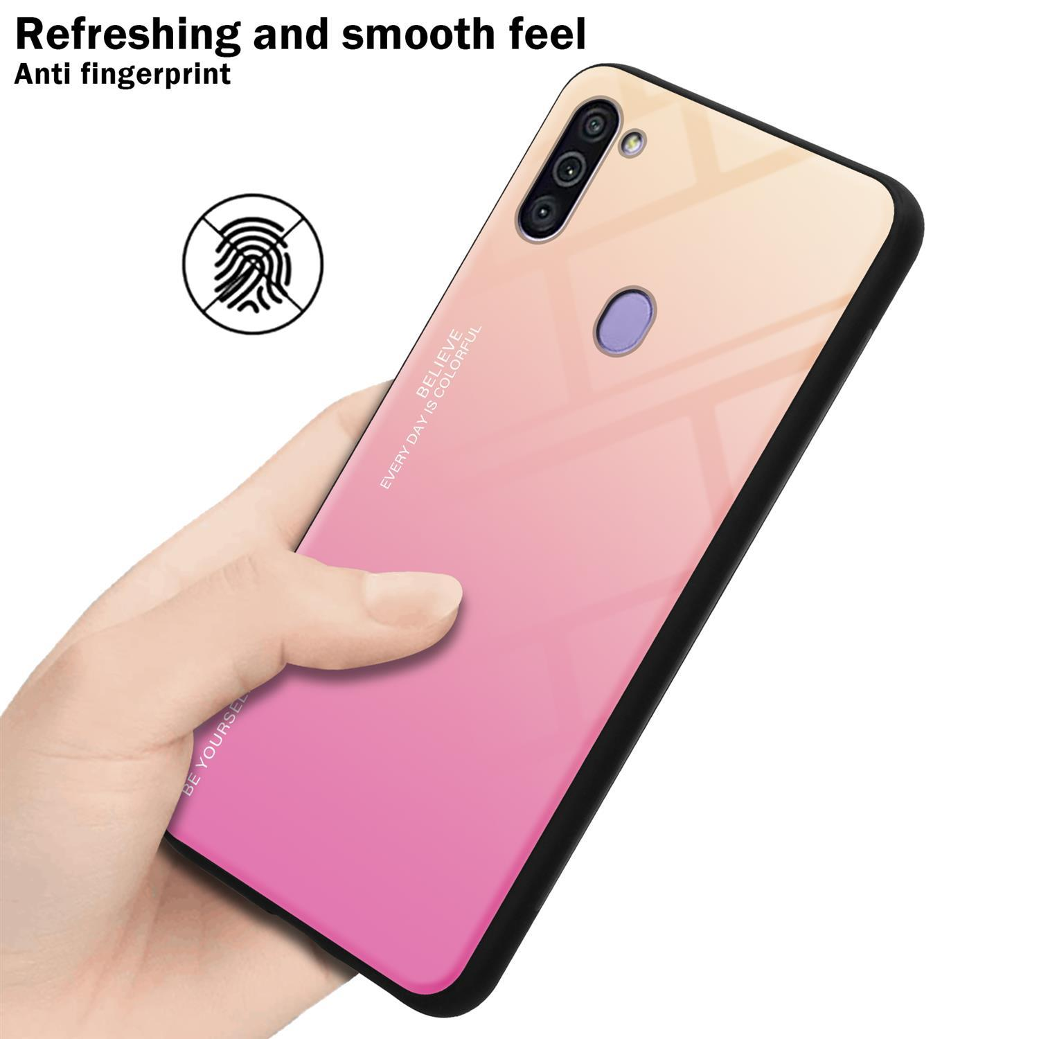 Hand, die ein Telefon mit rosa und orangefarbenem Farbverlauf hält, mit der Handyhülle.