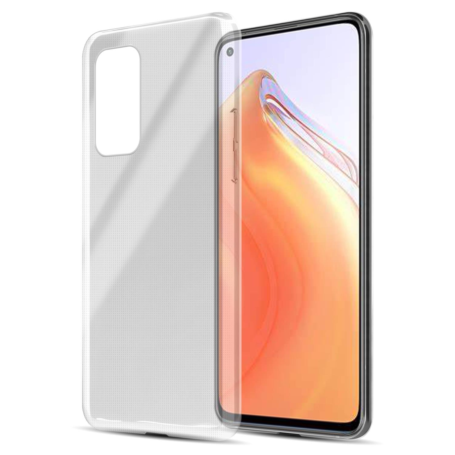 Funda transparente para teléfono en un teléfono. El teléfono muestra una imagen colorida y abstracta.
