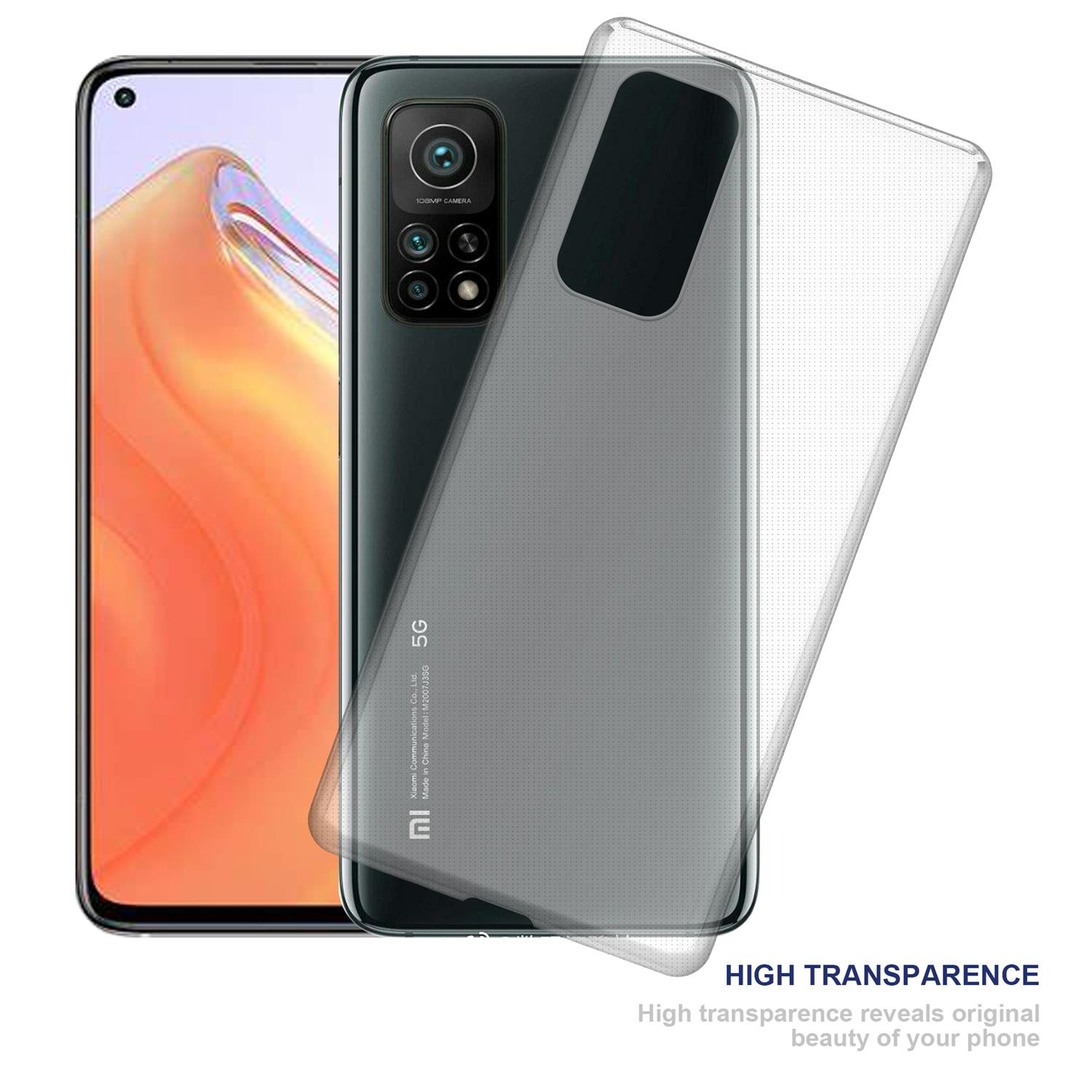 Un teléfono con una funda transparente. La parte trasera del teléfono muestra un módulo de cámara y un diseño gris.