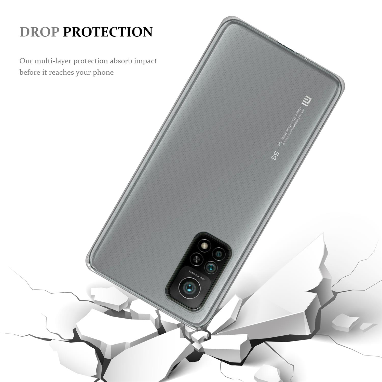 Una funda de teléfono con grietas visibles, el texto dice "DROP PROTECTION", la parte trasera del teléfono es gris.