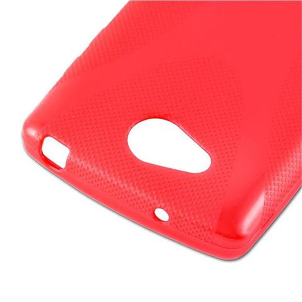 Custodia per telefono rossa, primo piano. La custodia ha fori per fotocamera, altoparlanti e caricabatterie.
