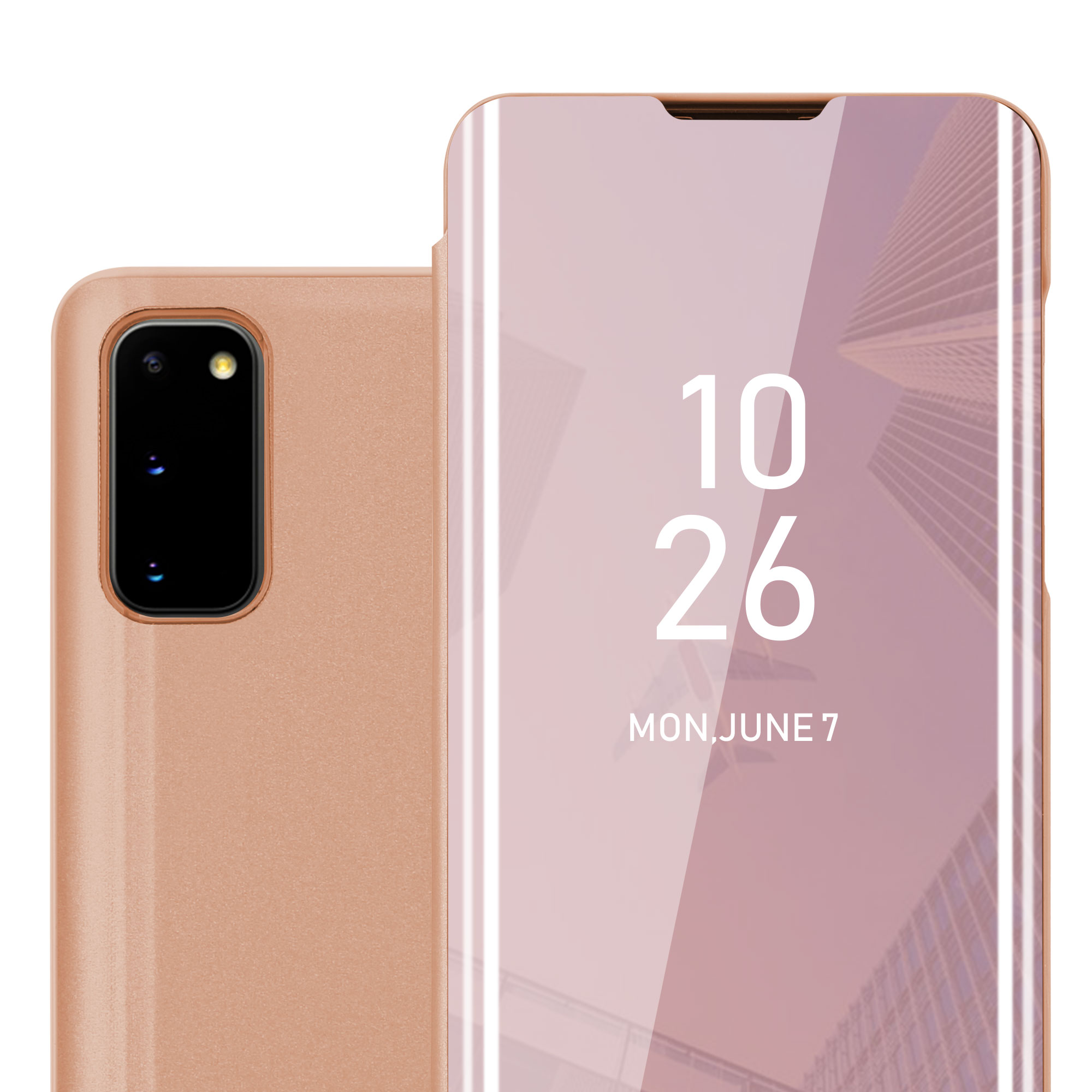 Telefono e custodia oro rosa, con una cover che mostra data e ora.