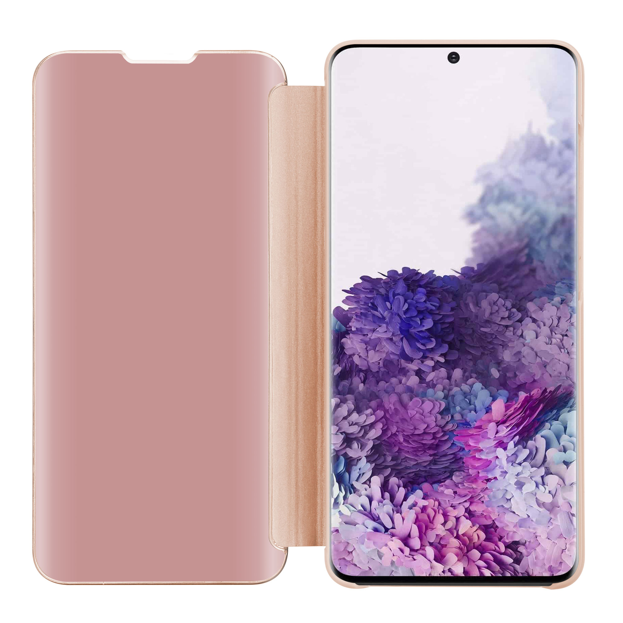 Custodia con telefono e cover. Lo sfondo è color pesca.