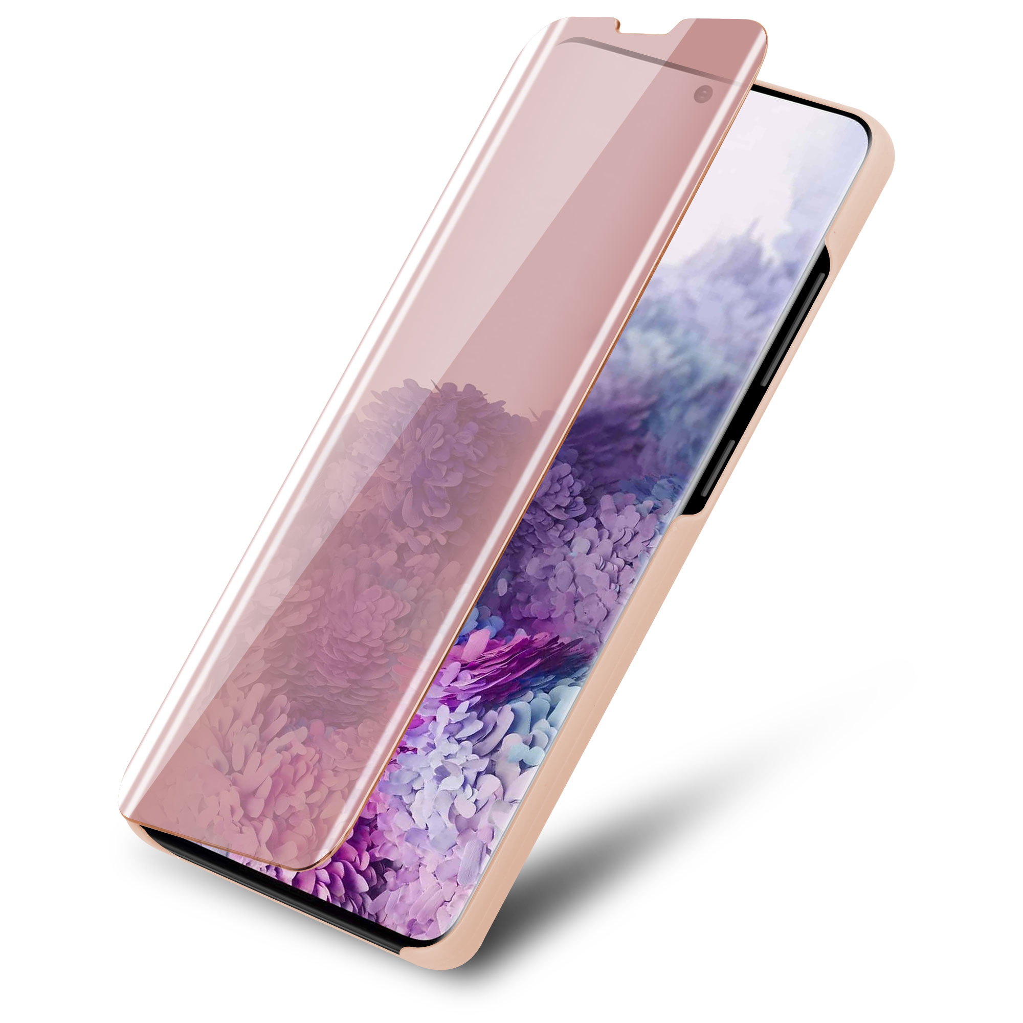 Telefono con protezione schermo. Il protettore è semitrasparente, il telefono ha schermo colorato. Sfondo bianco.