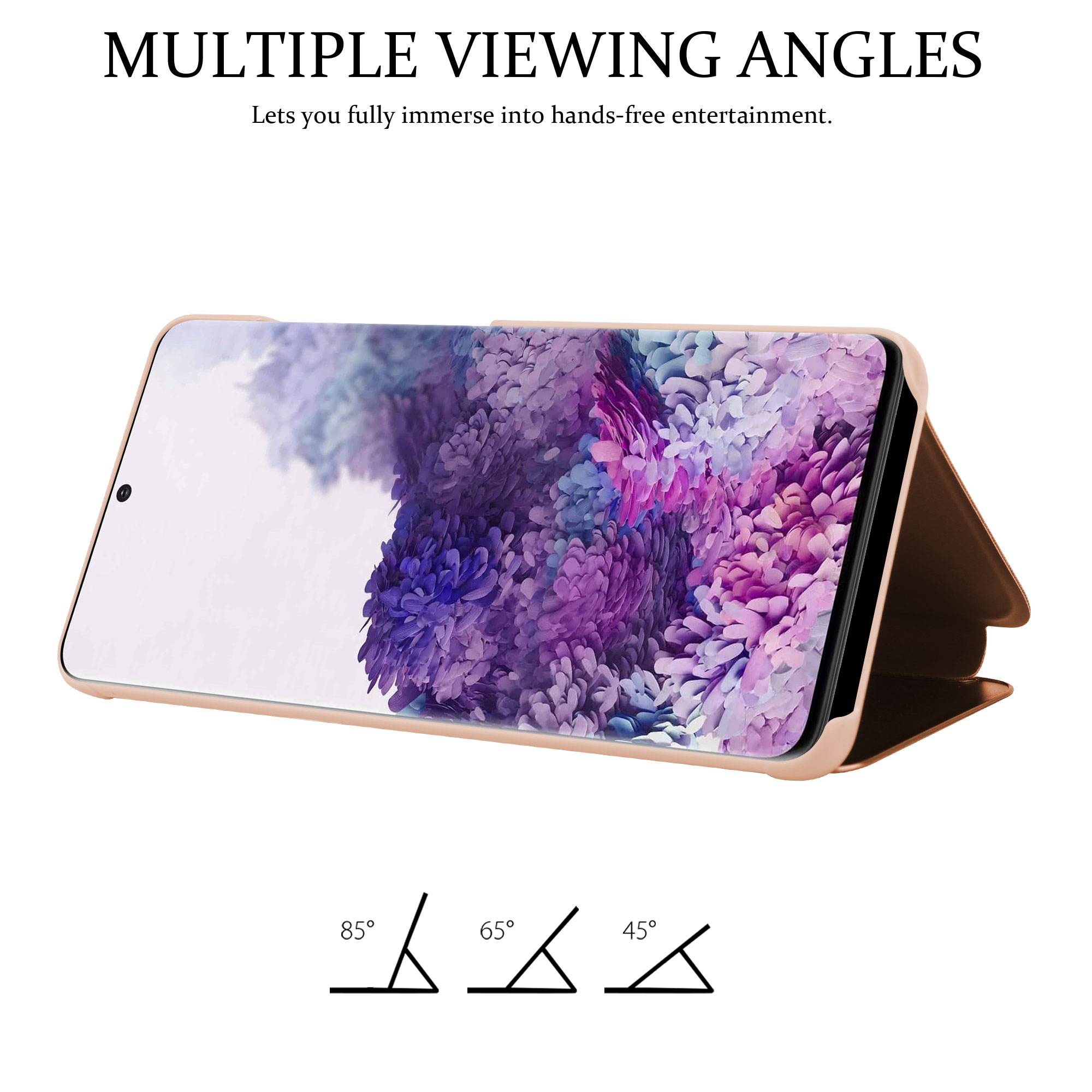 Custodia del telefono piegata che mostra gli angoli. Testo: MULTIPLE VIEWING ANGLES. Il telefono mostra un'immagine viola.