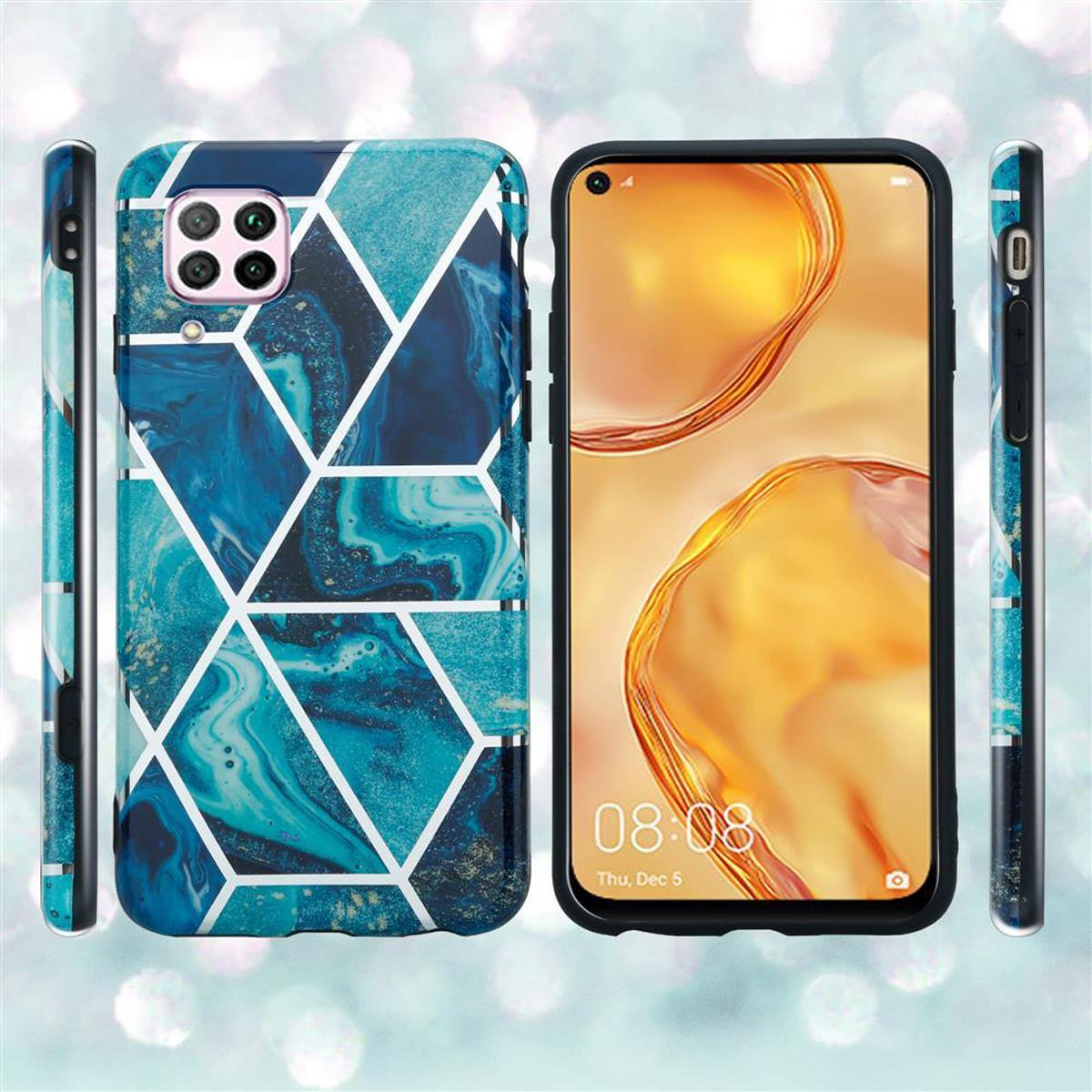 Una custodia blu con un motivo geometrico, accanto a un telefono che mostra l'ora.