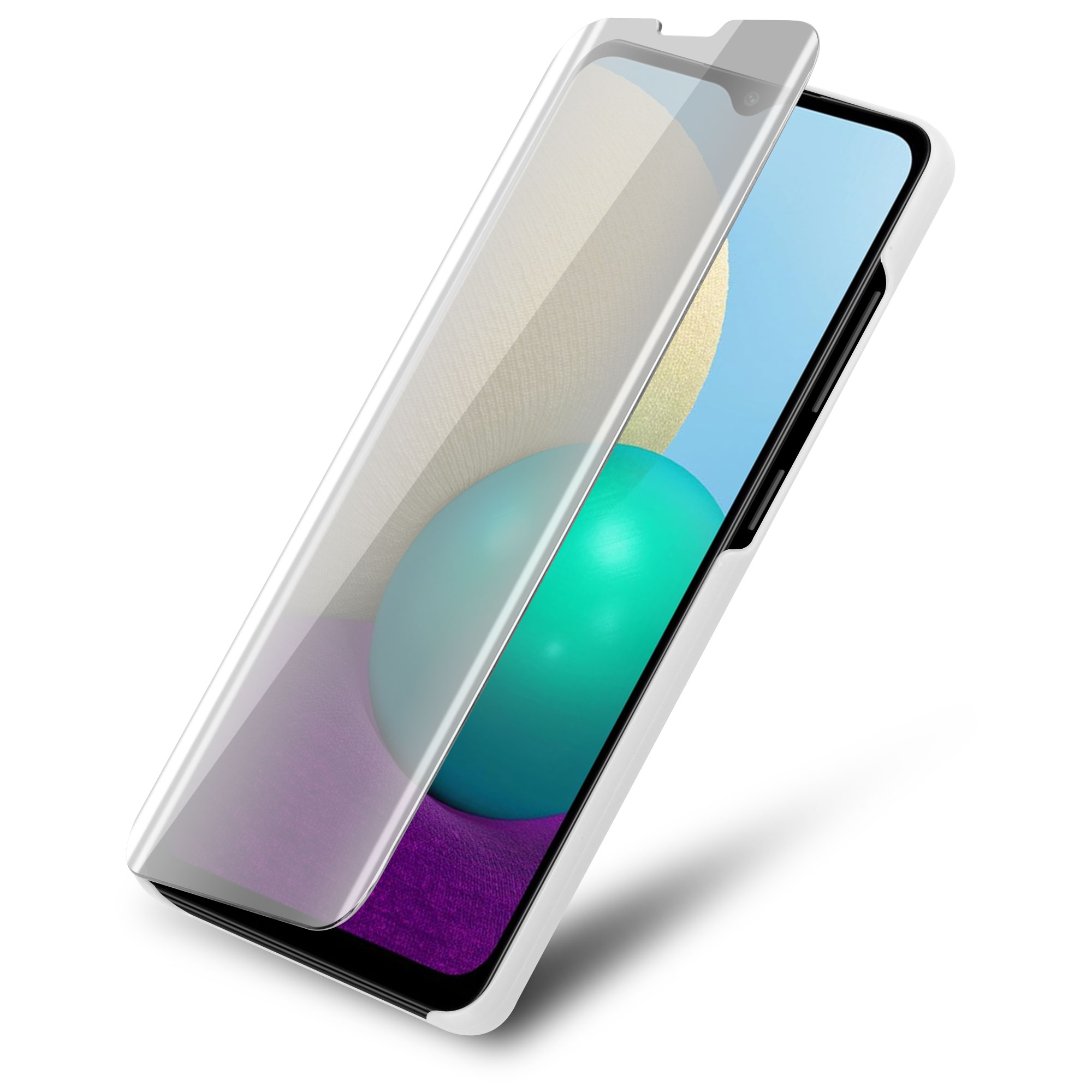 Ein Telefon mit angebrachter Displayschutzfolie, mit blauem Hintergrund und einer türkisfarbenen Kugel.
