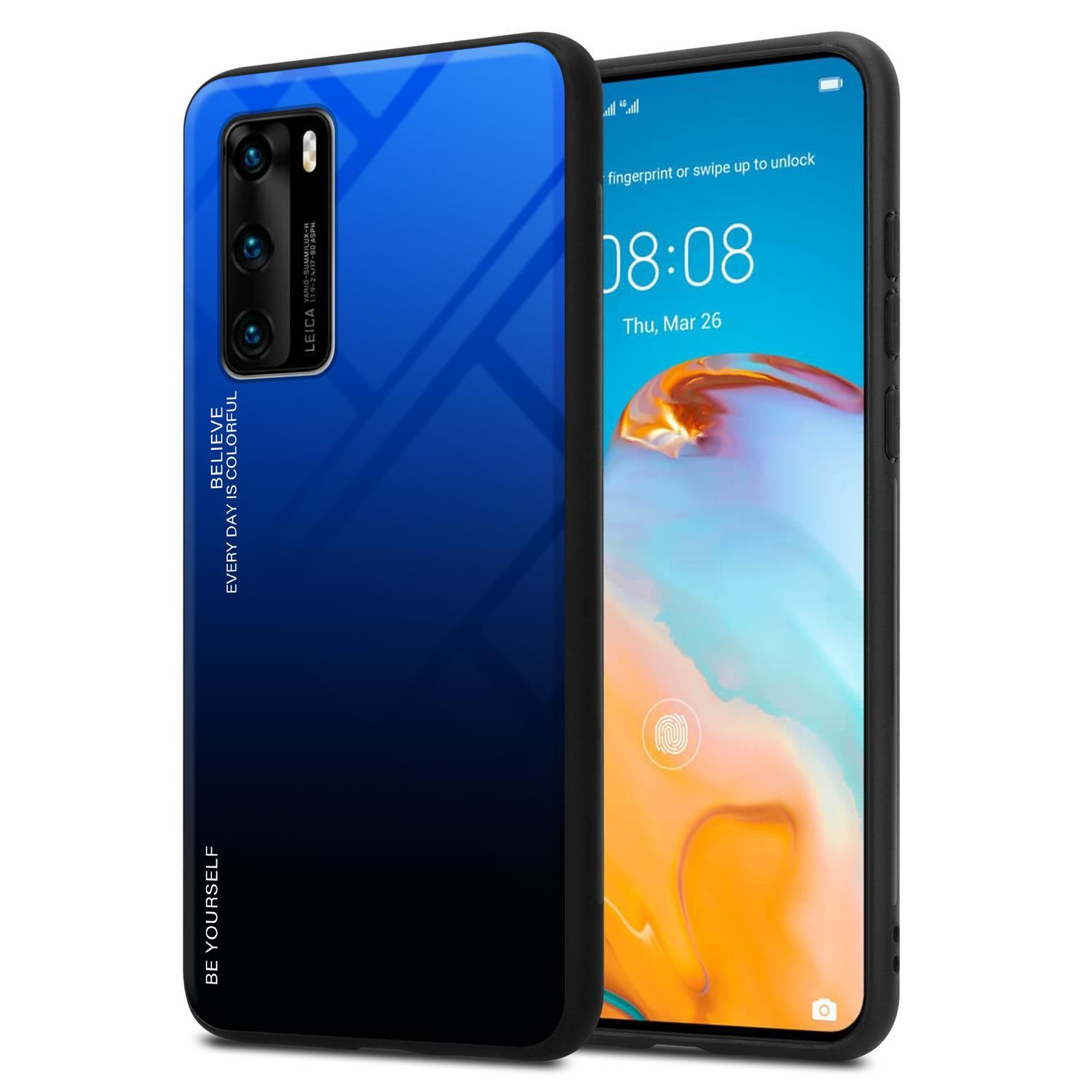 Telefono con una custodia sfumata blu. Lo schermo del telefono mostra l'ora e un'icona dell'impronta digitale.