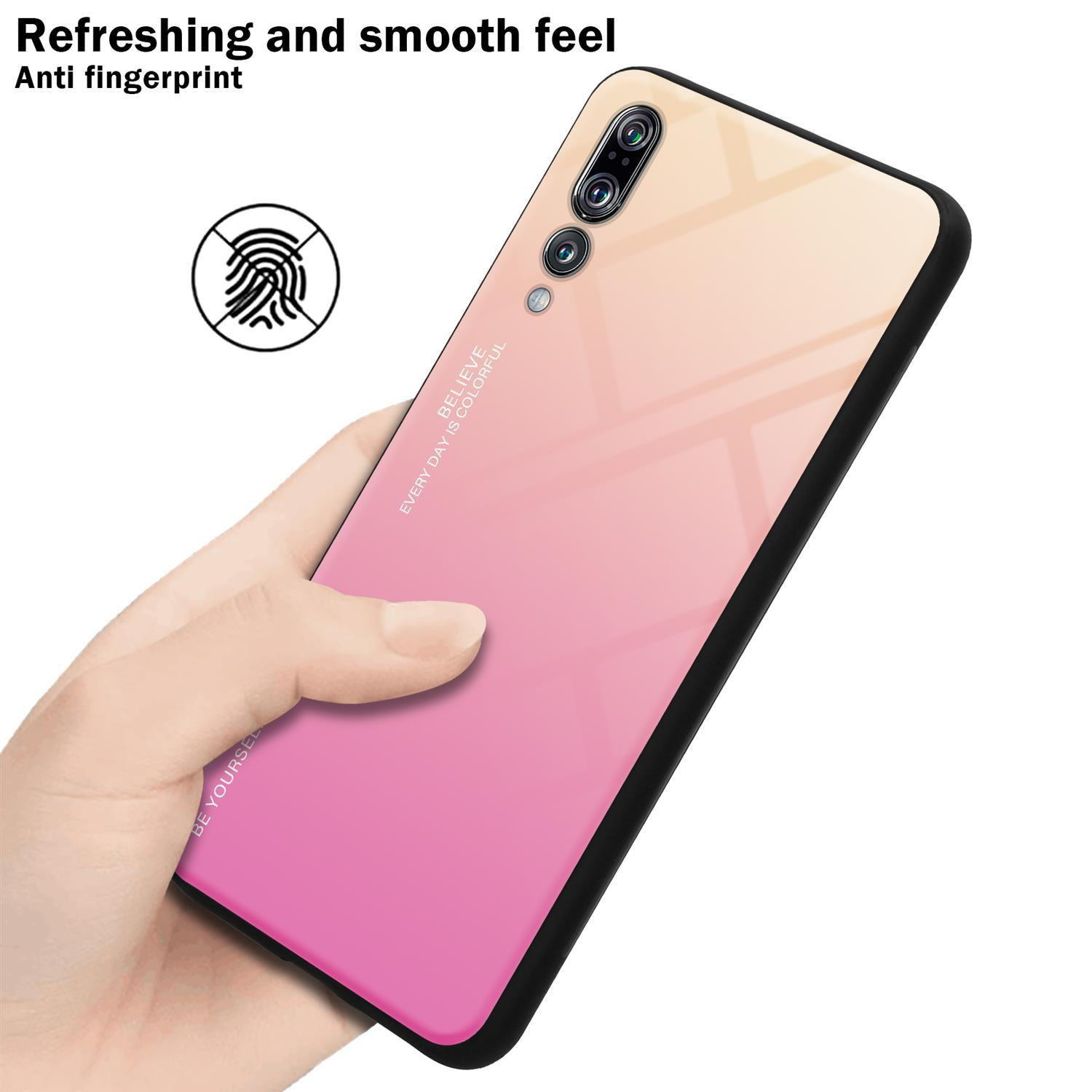 Eine Hand hält ein Telefon mit einer rosafarbenen Hülle. Text besagt "Erfrischendes und glattes Gefühl" und "Anti-Fingerabdruck".