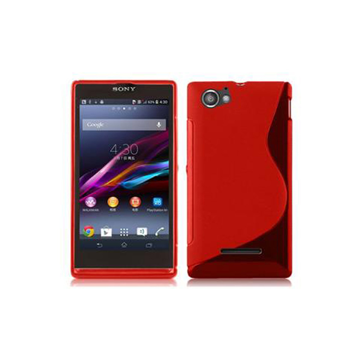 Telefono Sony rosso con schermo a sinistra e custodia a destra.