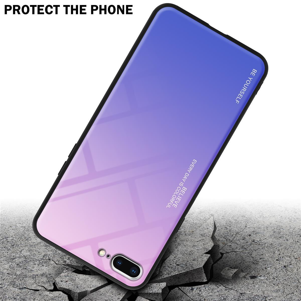 Un telefono in una custodia blu e viola, su una superficie crepata. La custodia ha fotocamere.