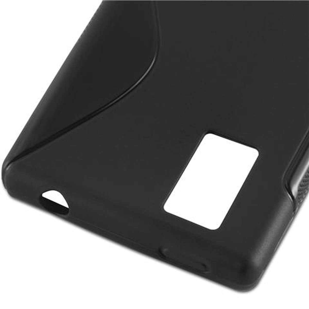 Primo piano di una custodia nera, che mostra un ritaglio rettangolare e un foro per un pulsante.