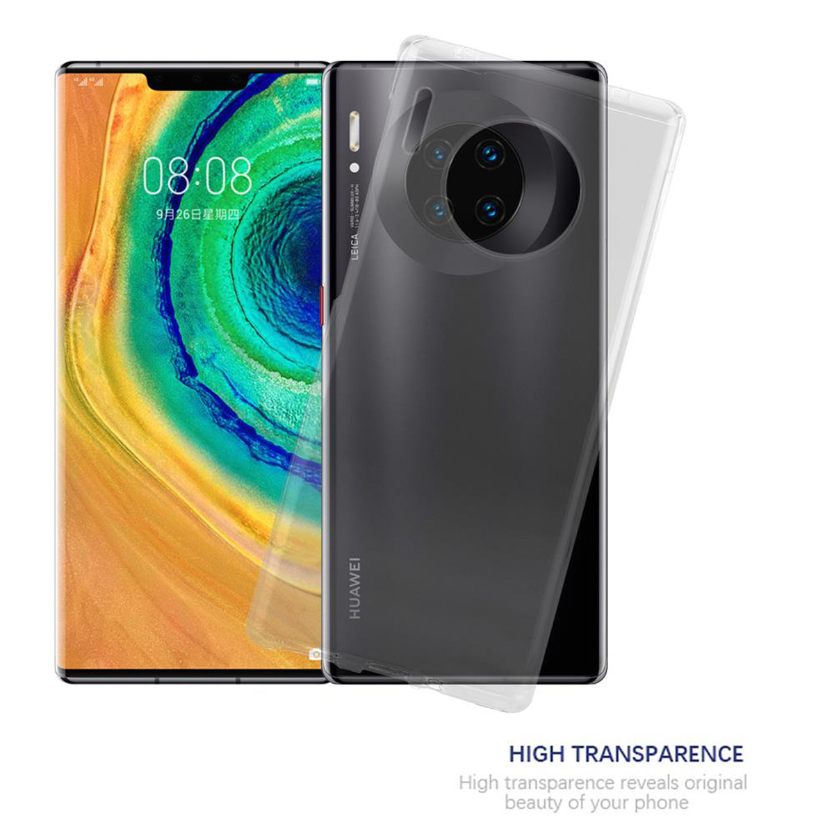 Schwarzes Telefon mit einer transparenten Hülle. Telefon zeigt die Zeit. Die Hülle zeigt die Rückseite.