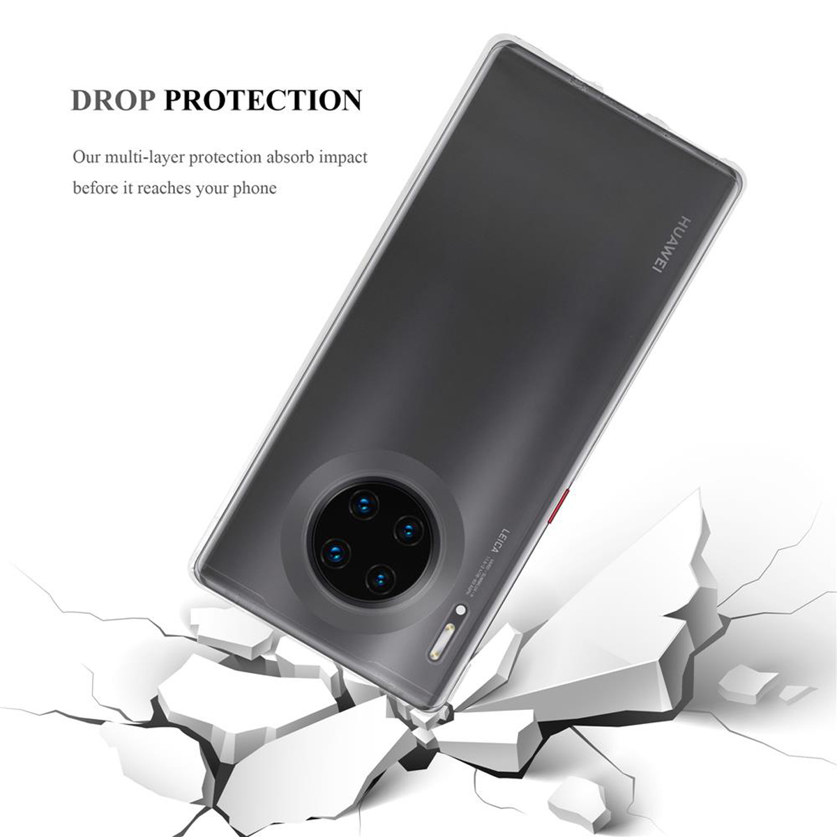 Handyhülle auf weißem Hintergrund mit rissigem Boden. Drop-Protection-Etikett oben.