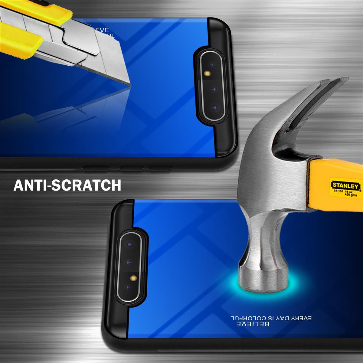 Custodia con schermo blu. Scritta: Antigraffio. Martello e coltello.