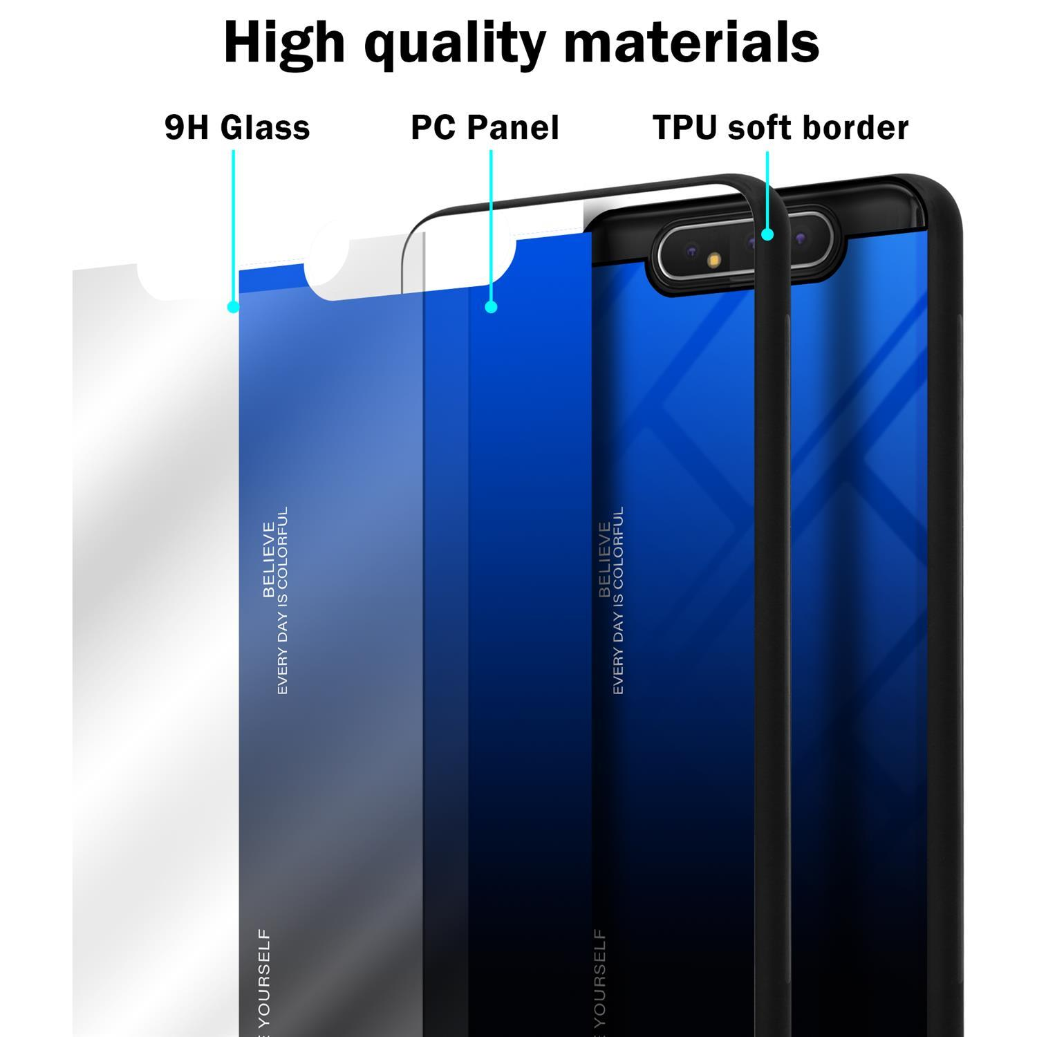 A90 Backcover, aus 4G, Galaxy Hülle TPU Samsung, Glas, / Farben 2 Silikon BLAU SCHWARZ CADORABO - A80