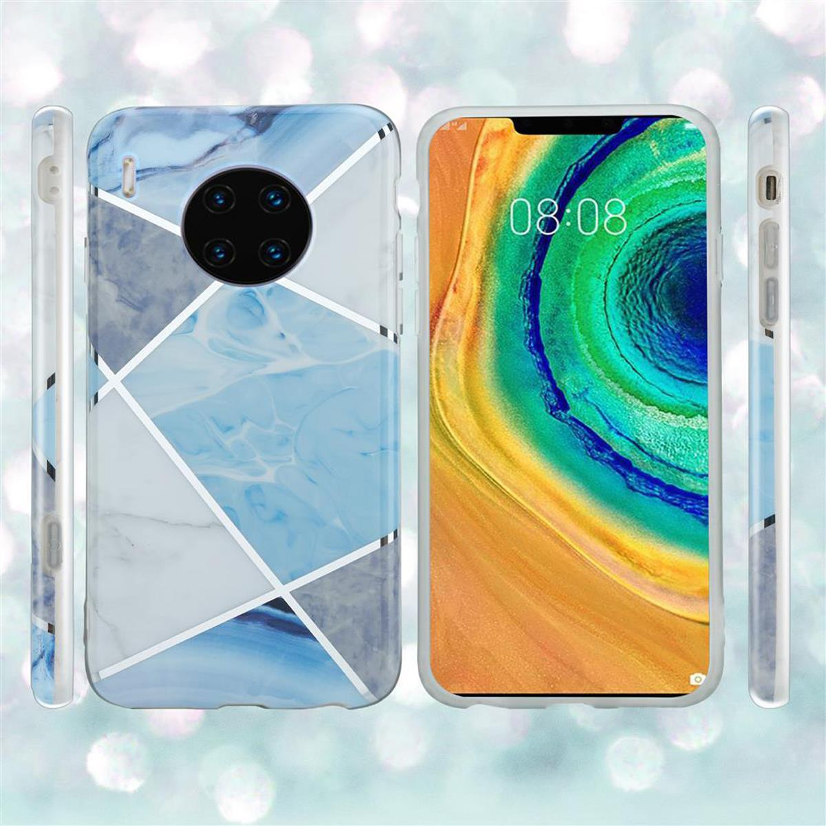 Due telefoni con custodie. Uno ha un design in marmo blu, l'altro una custodia trasparente. Lati visibili.