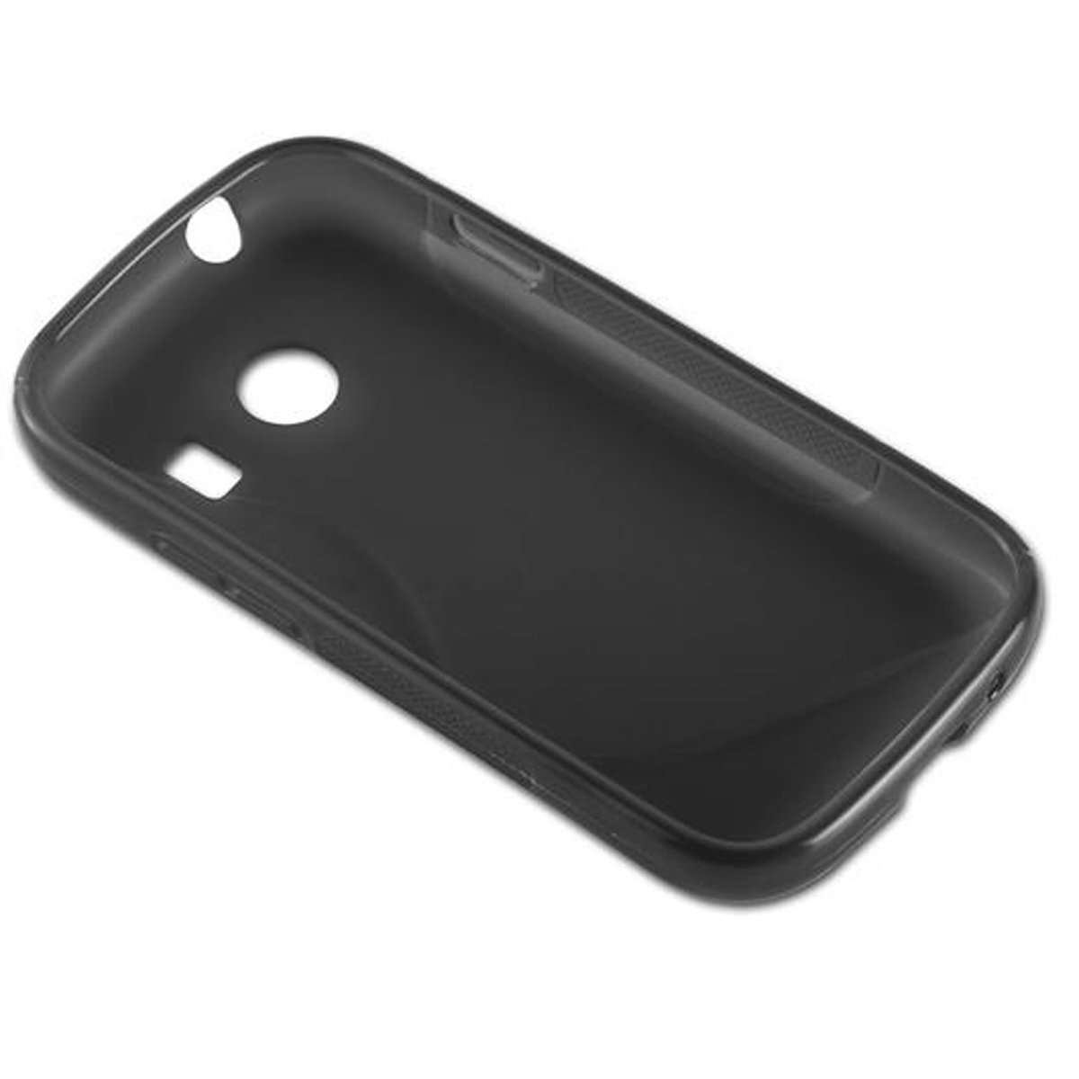 Una custodia nera per telefono con fori per fotocamera e altre funzioni.