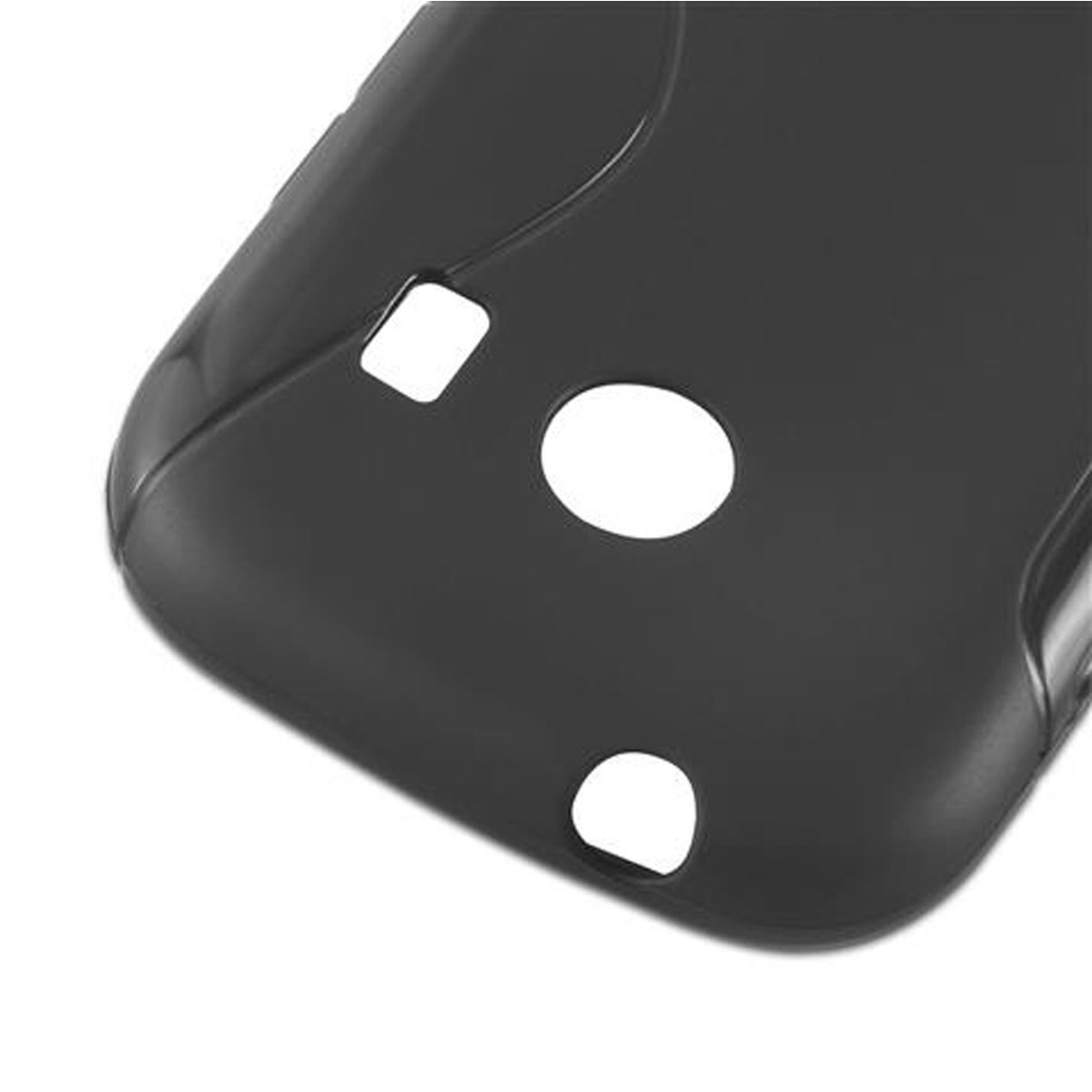 Primo piano di una custodia nera con fori per pulsanti e altre funzioni.
