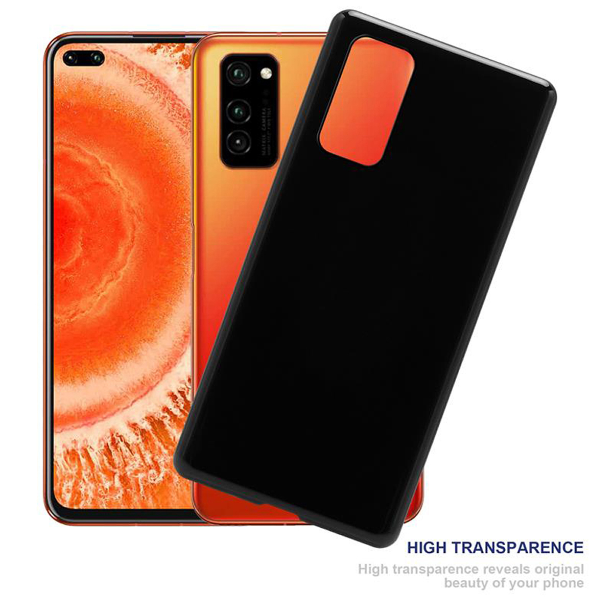 Custodia nera per telefono con un telefono all'interno. Alta trasparenza. Dettagli della fotocamera arancioni visibili.
