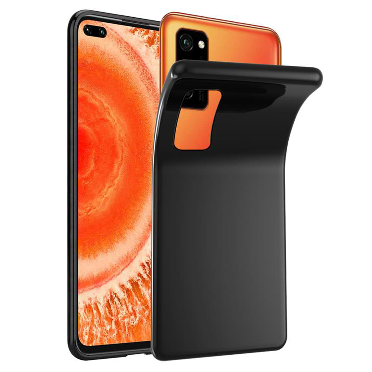 Una custodia nera per telefono che si flette per mostrare un telefono arancione. La fotocamera del telefono è visibile.