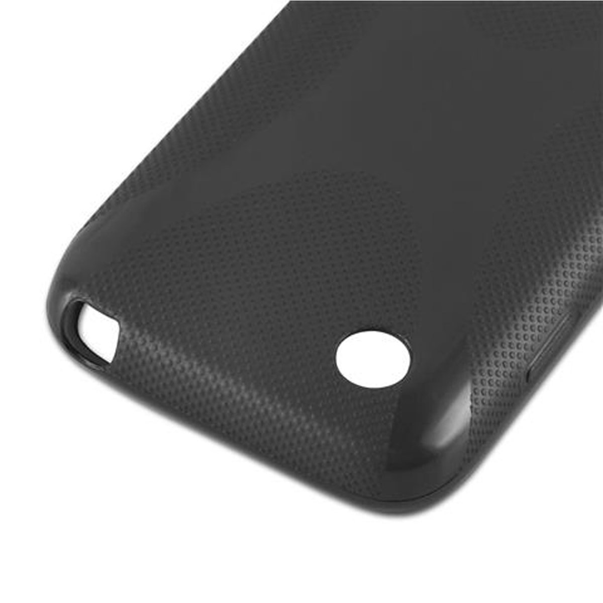 Primo piano di una custodia per telefono grigio scuro con superficie strutturata.