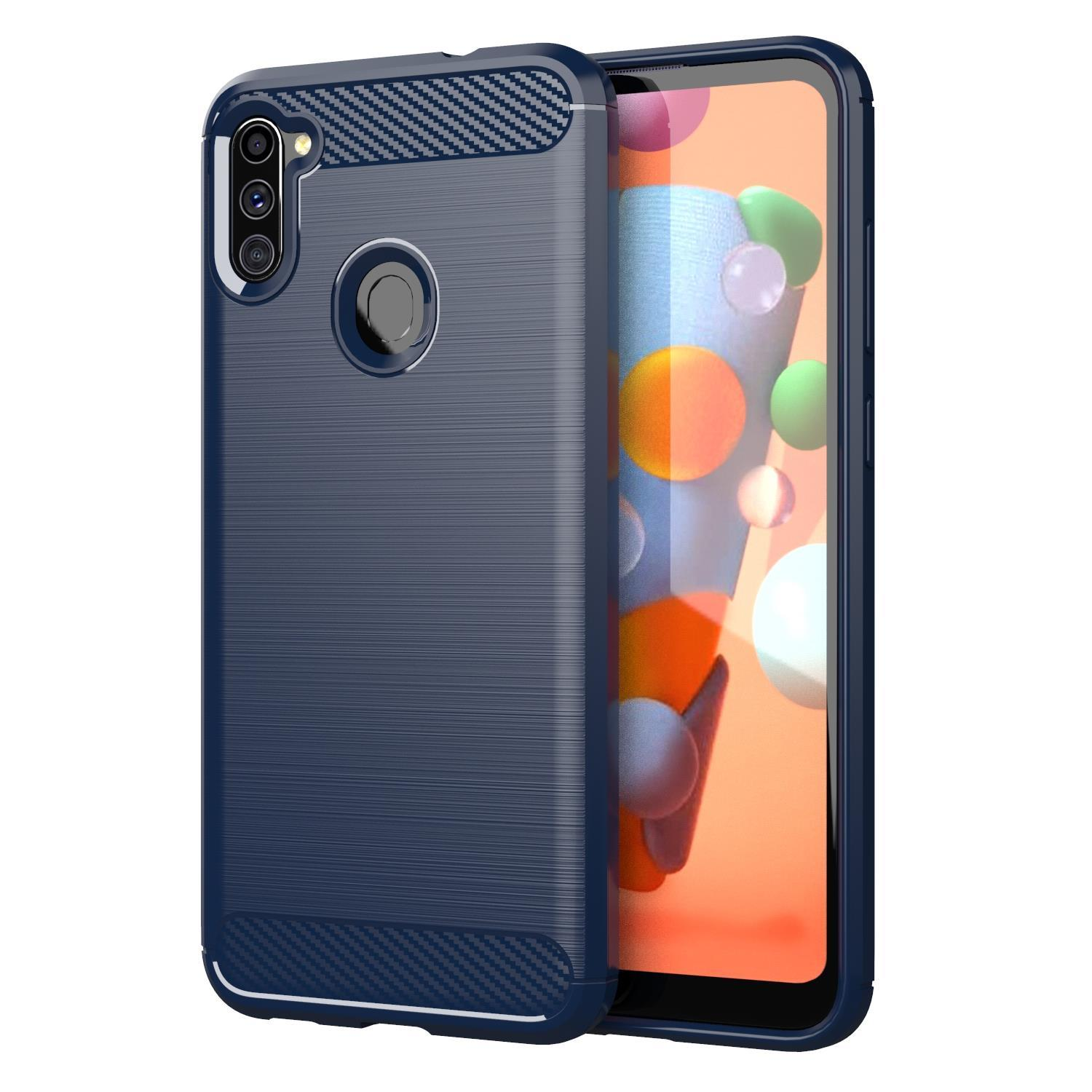 Una custodia per telefono blu navy. Lo schermo del telefono è arancione con un design blu e bianco.