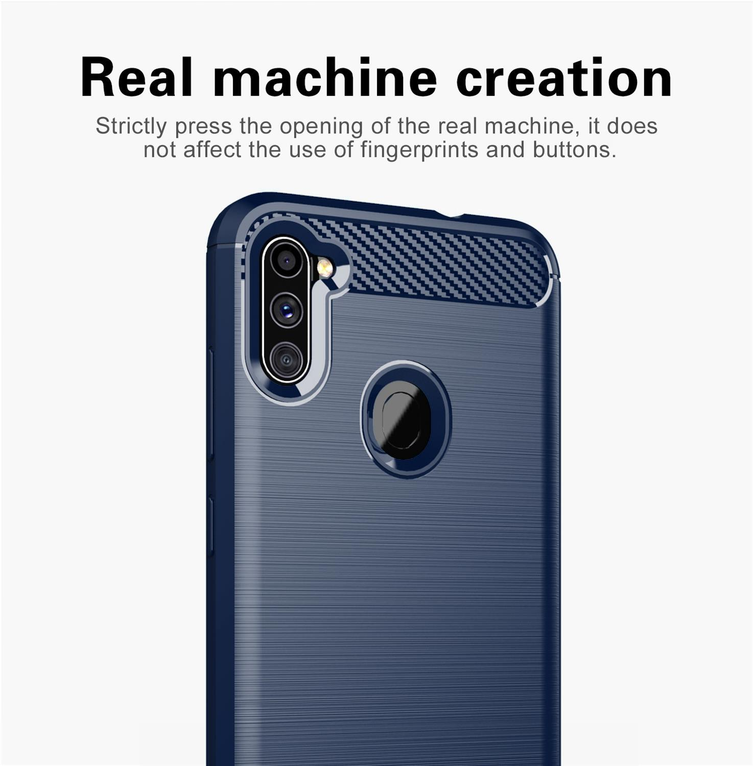 Custodia blu per telefono con superficie strutturata, mostra la fotocamera e il design del telefono.