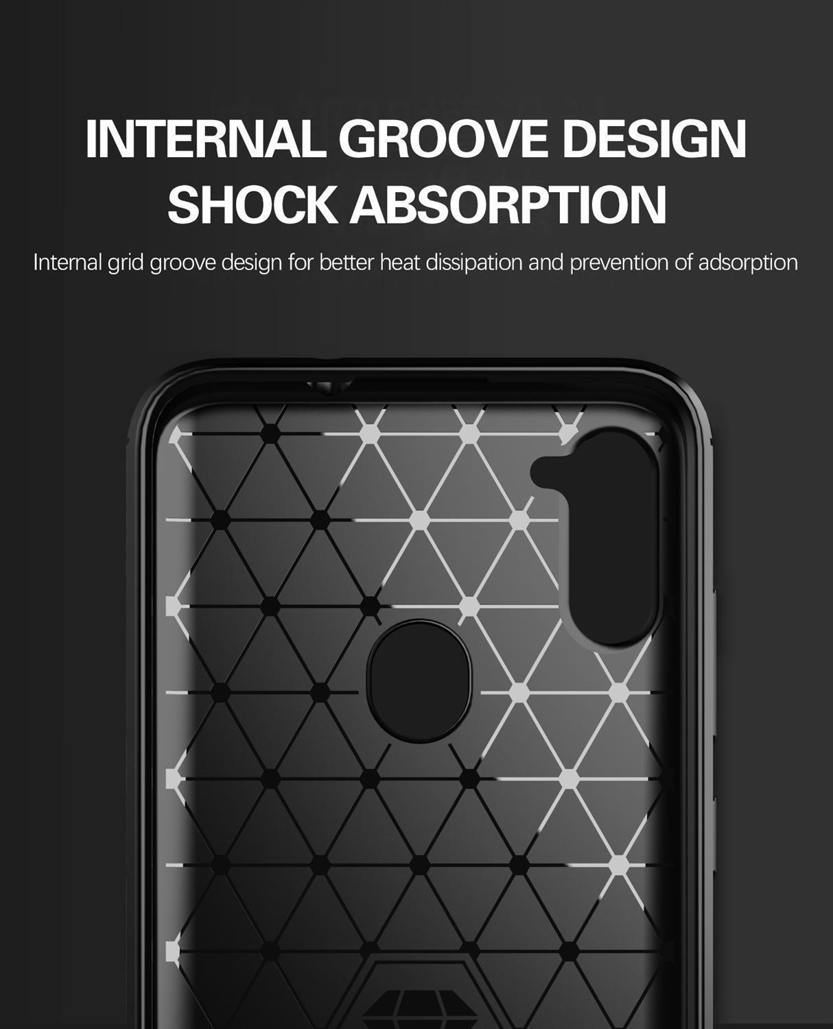 Primo piano dell'interno di una custodia per telefono con un motivo geometrico nero e design a scanalature interne.
