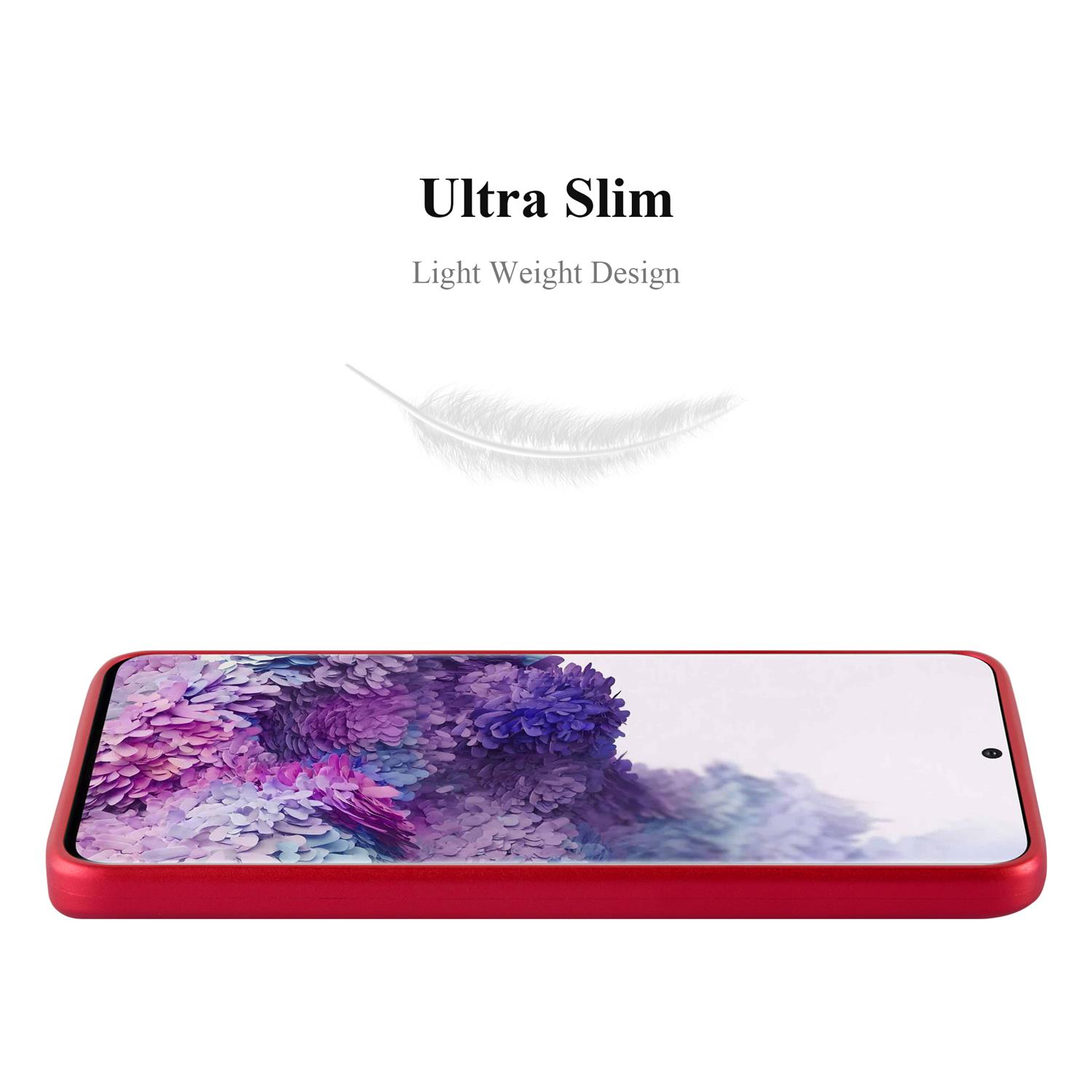 Eine rote Handyhülle mit einem Telefon zeigt einen abstrakten lila und blauen Hintergrund, mit einem Federbild darüber.