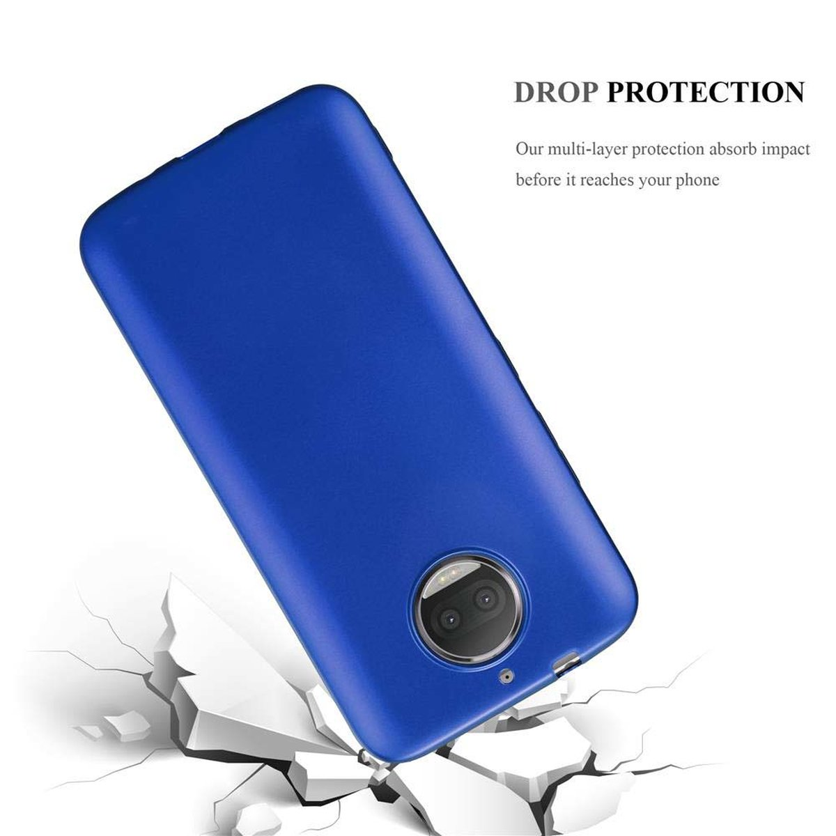 Custodia blu per telefono che cade, rompendo una superficie bianca.