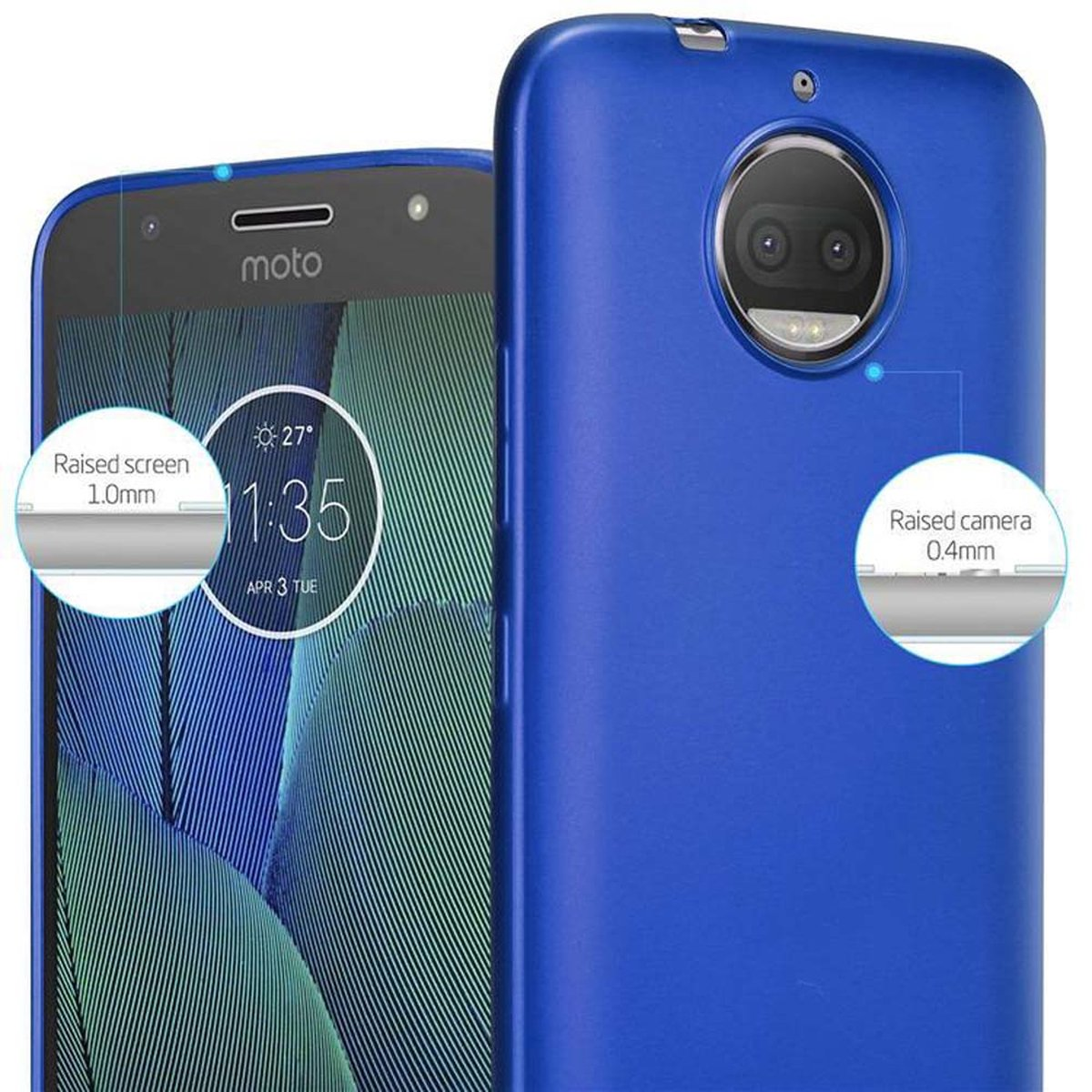 Una custodia blu e un telefono che mostra i dettagli dello schermo e della fotocamera, con schermo e fotocamera rialzati.