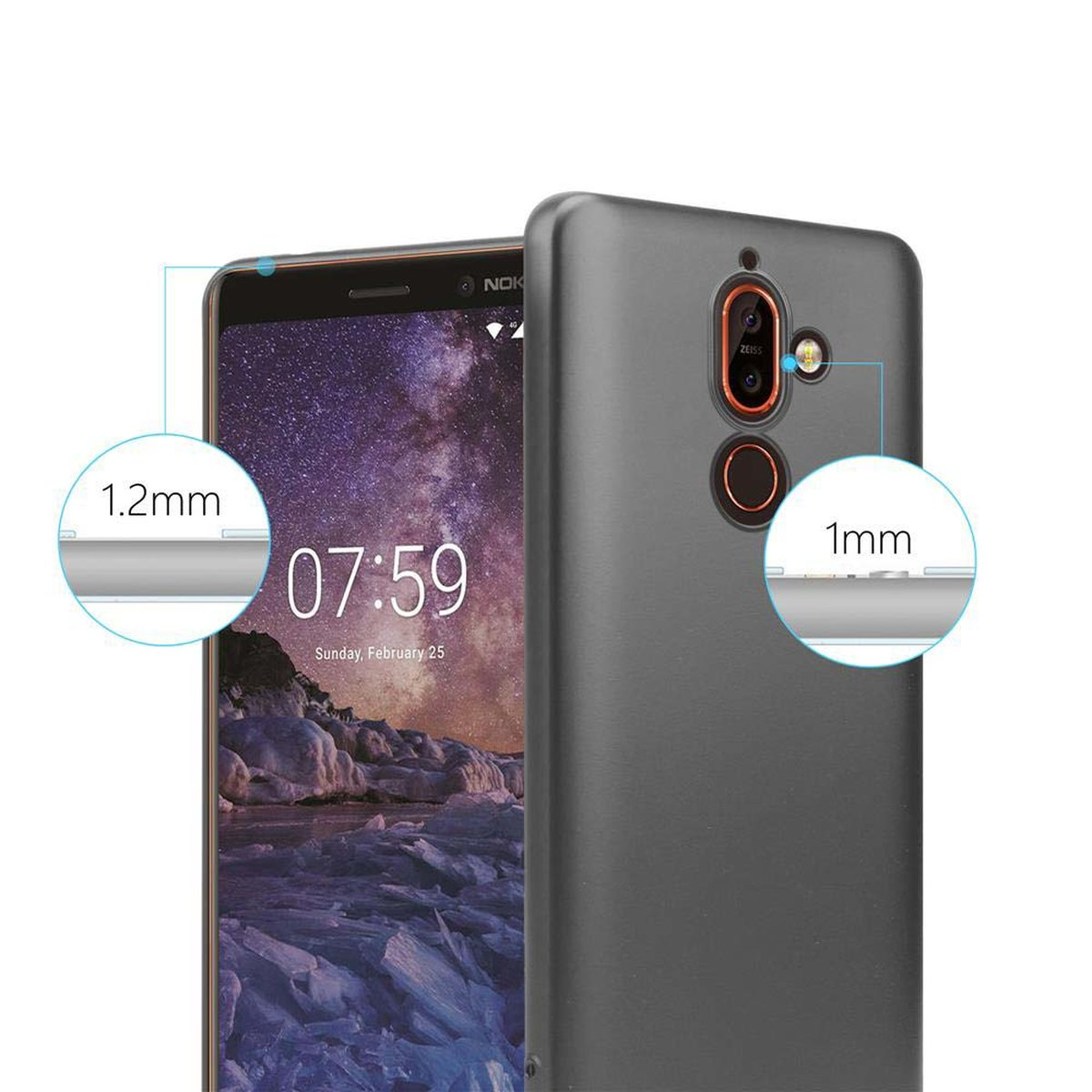 Handyhülle mit grauem Finish. Der Bildschirm des Telefons ist eingeschaltet und zeigt eine Uhr. Die Hülle hat Schutzränder.