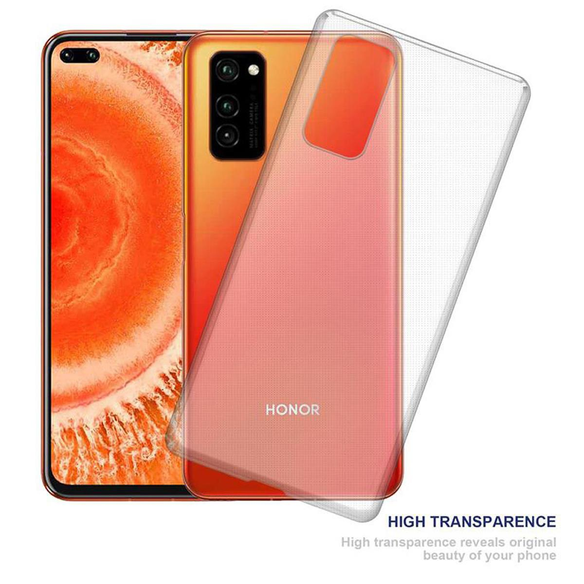 Telefon mit Hülle und Displayschutz. Hülle ist transparent. Das Telefon ist orange. Weißer Hintergrund.