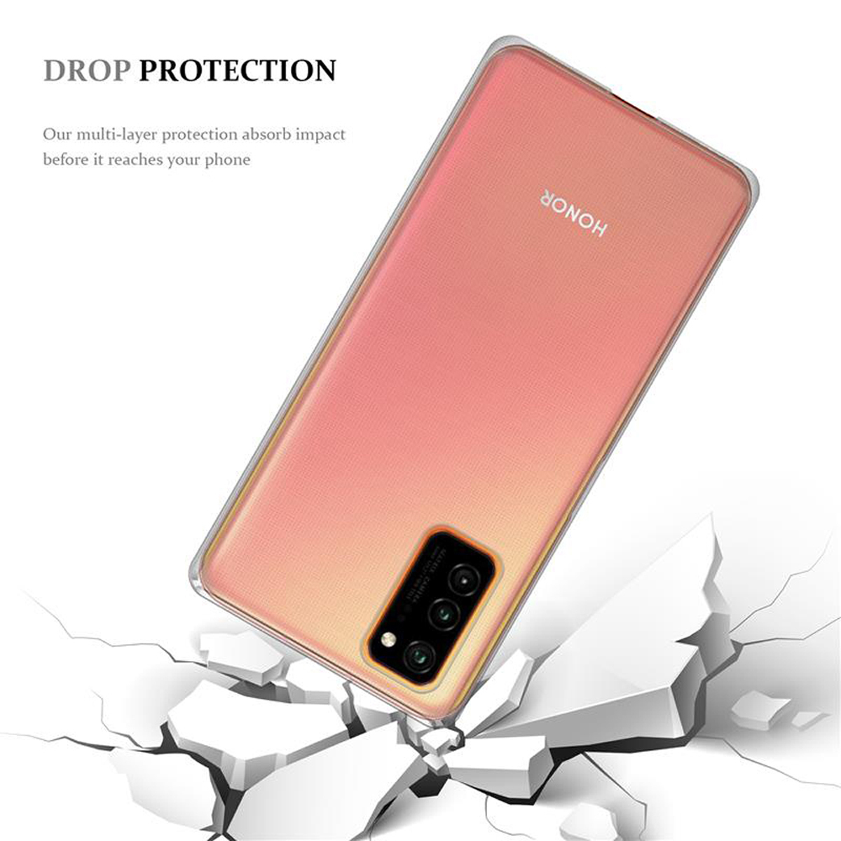 Rosa Handyhülle mit 'HONOR' Text, die auf weißen Stein fällt und zerbricht, Text 'DROP PROTECTION'.