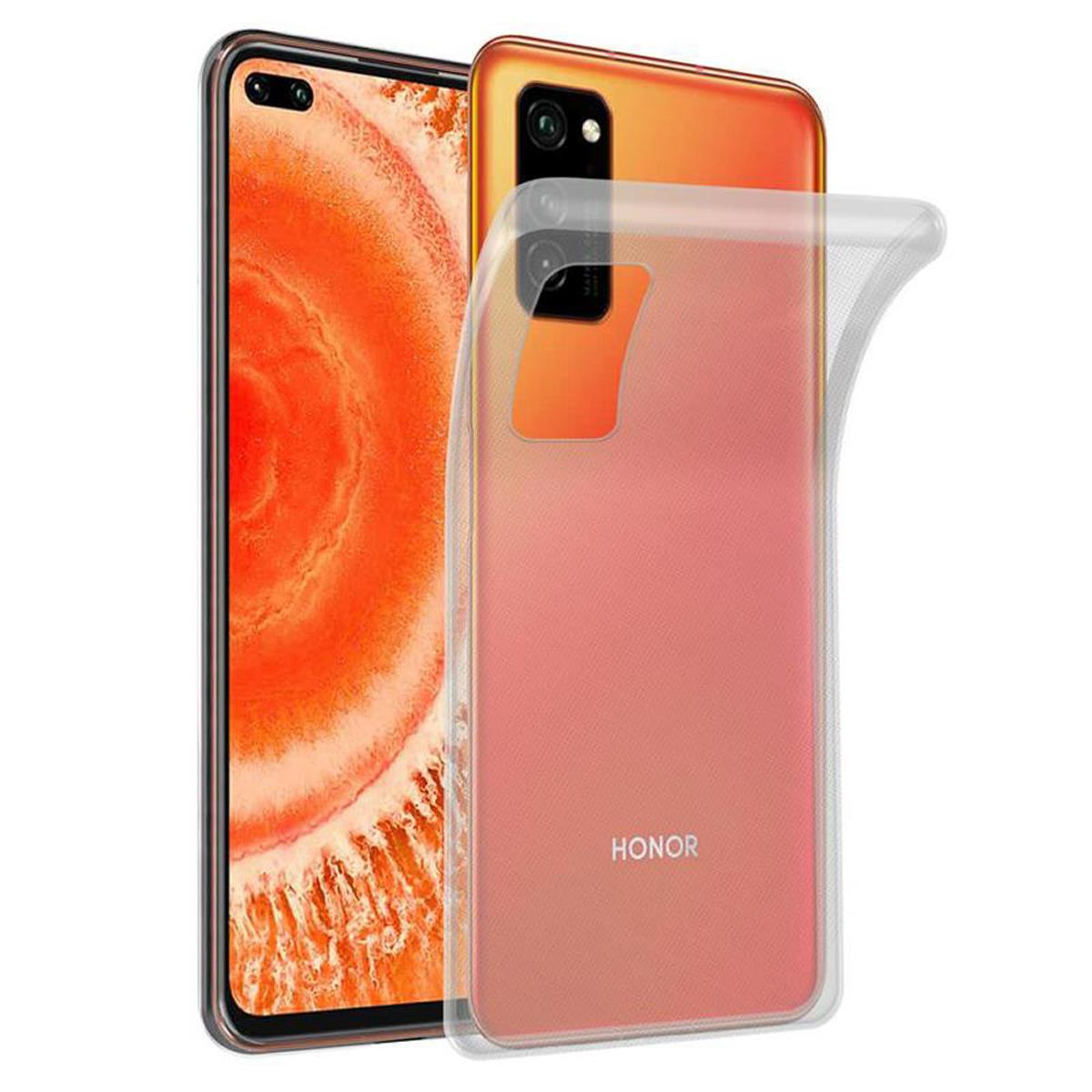 Oranges Telefon mit klarer Hülle. Ein weiteres Telefon ist links sichtbar.